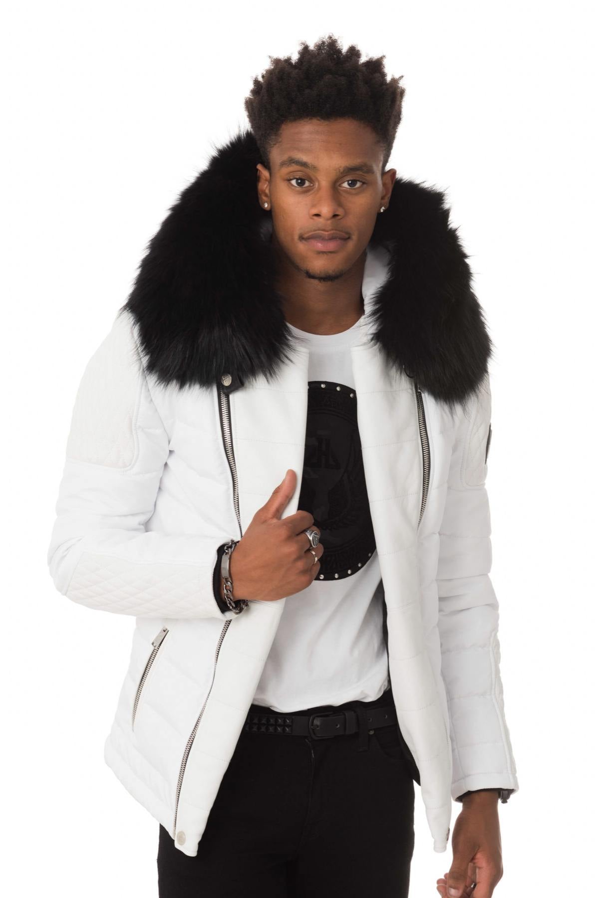 Horspist white bi-material down jacket with black fur - Image n°1