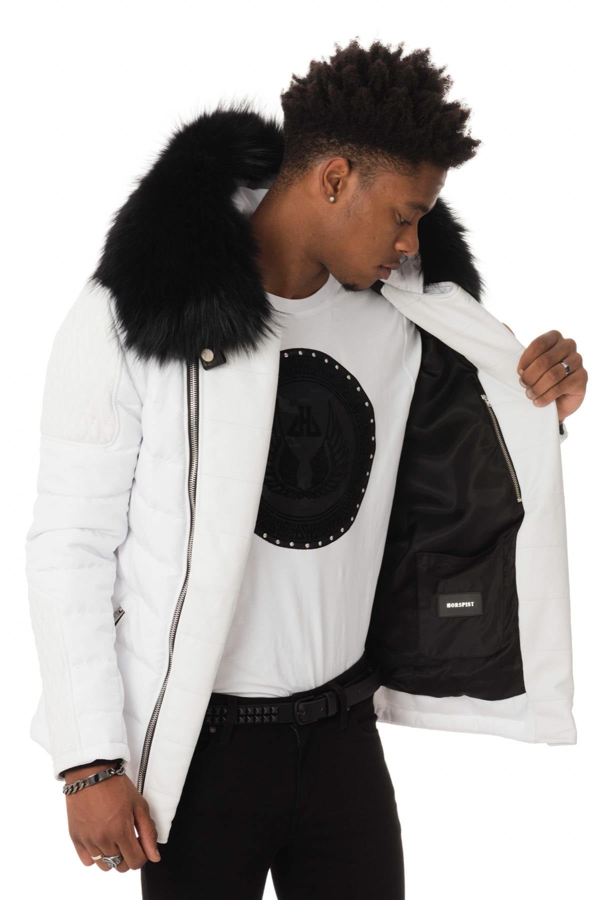 Horspist white bi-material down jacket with black fur - Image n°5