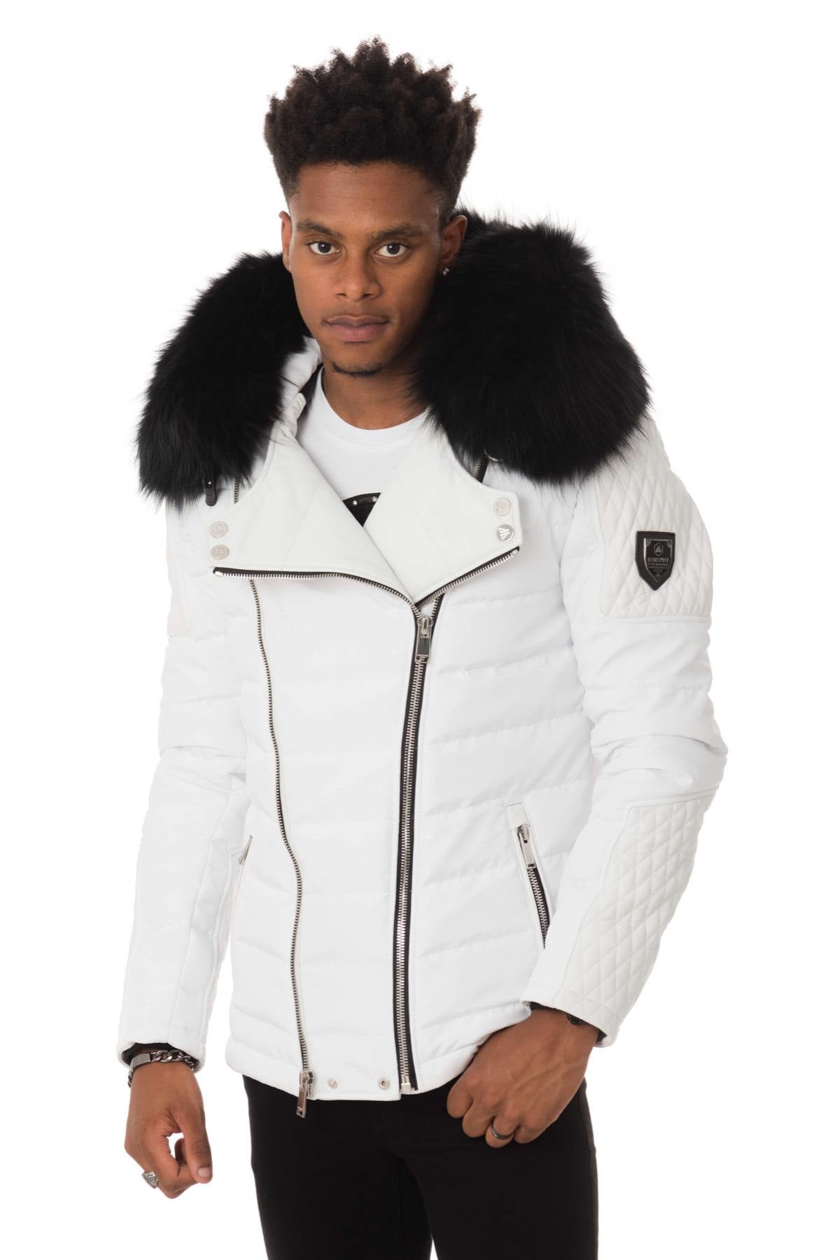 Horspist white bi-material down jacket with black fur - Image n°3