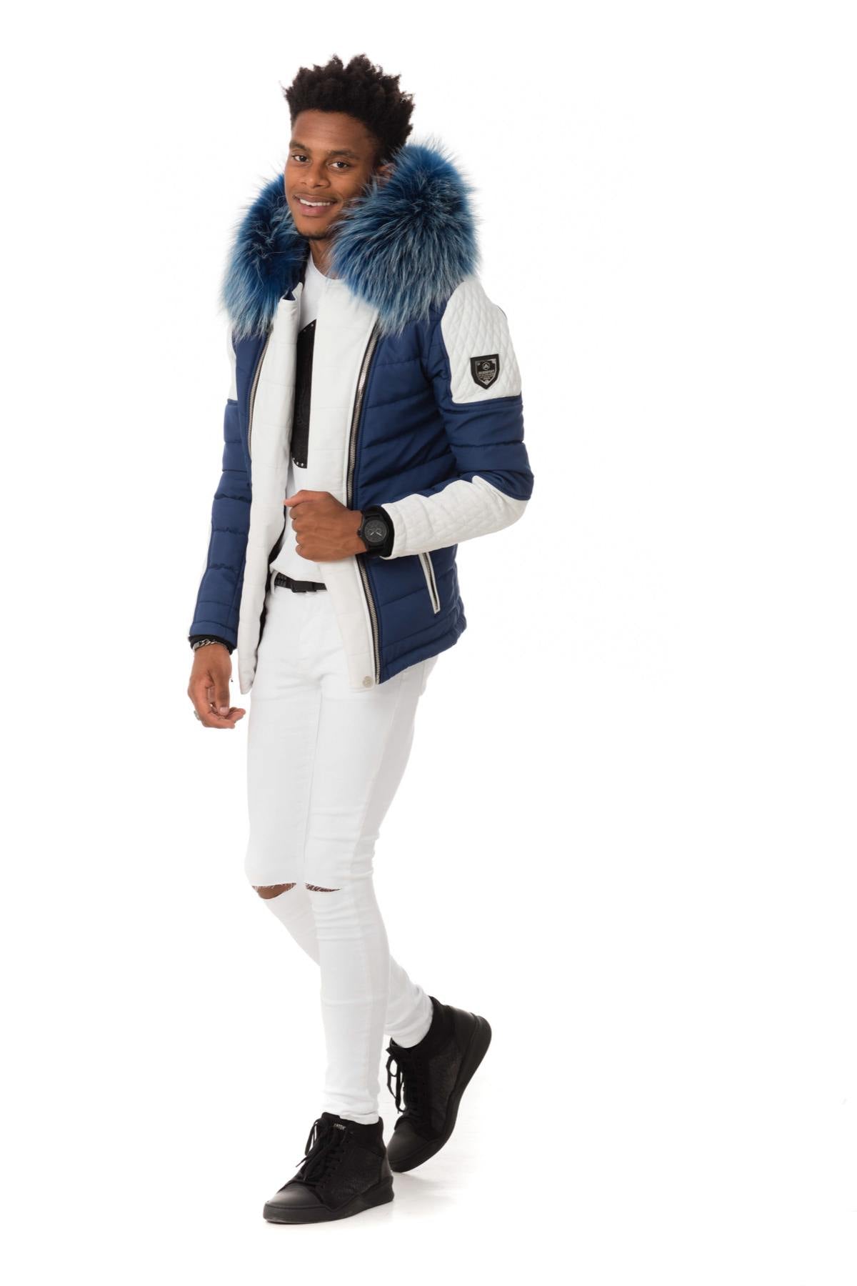 Blue and white bi-material down jacket with blue fur - Image n°2