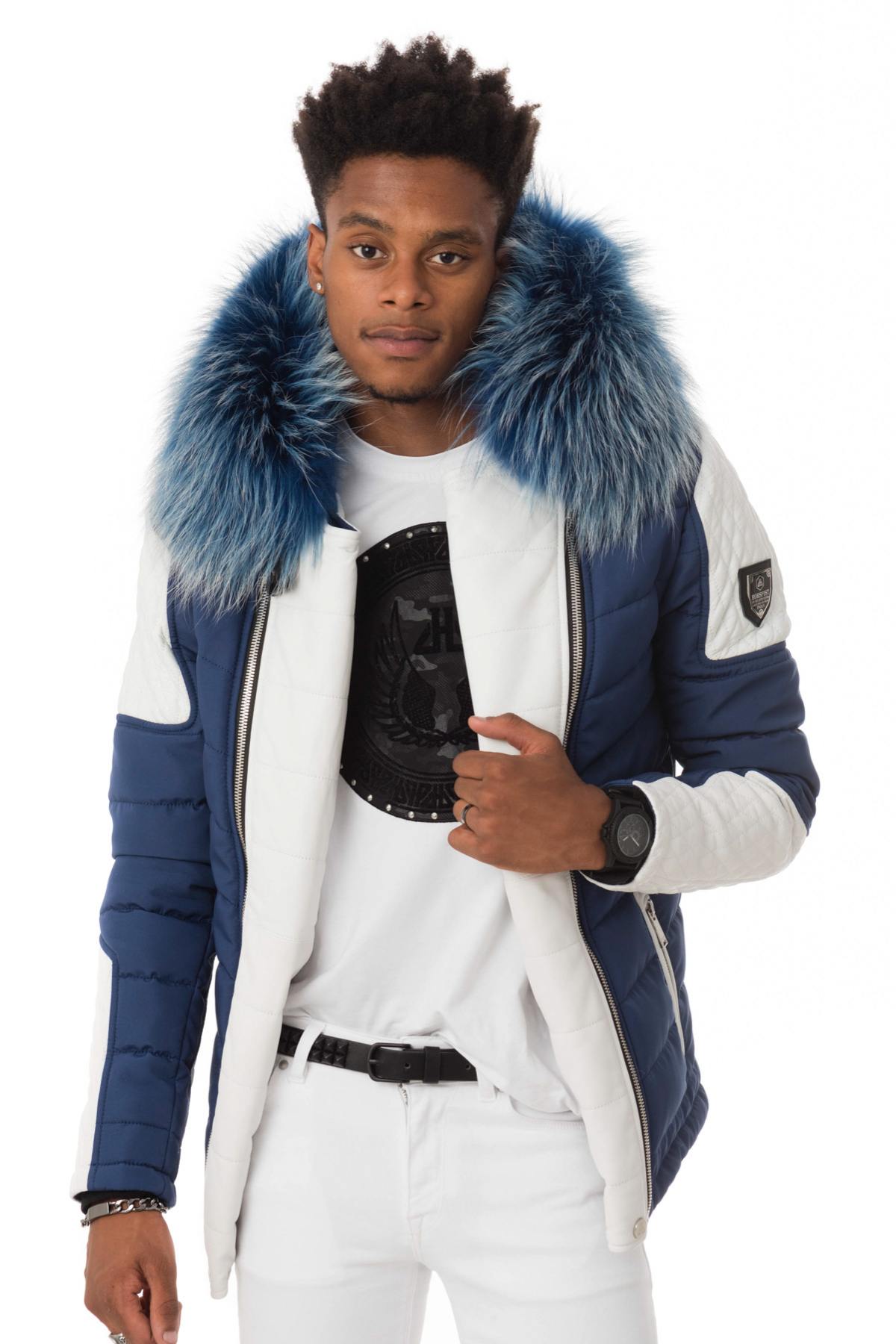 Blue and white bi-material down jacket with blue fur - Image n°1