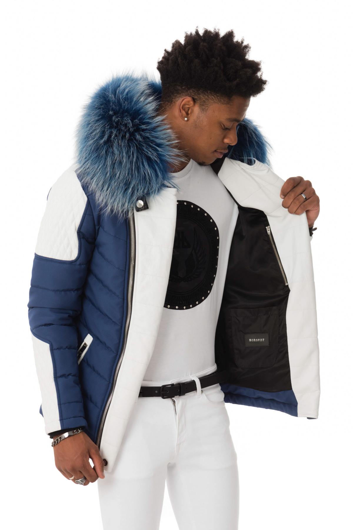 Blue and white bi-material down jacket with blue fur - Image n°3