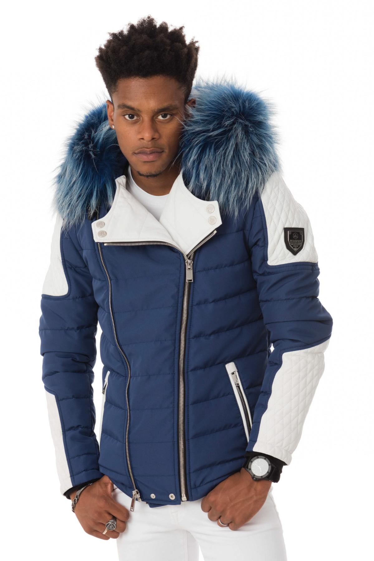 Blue and white bi-material down jacket with blue fur - Image n°4