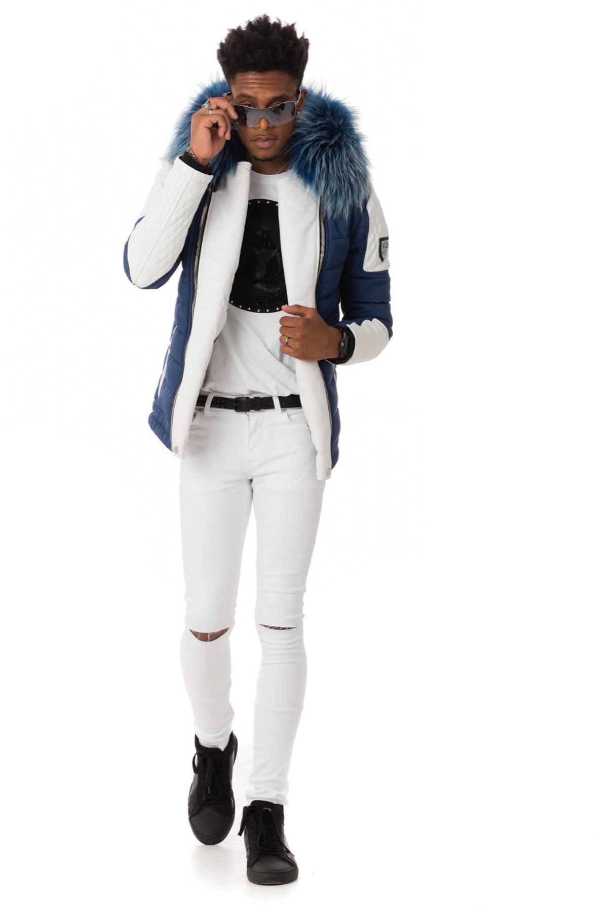 Blue and white bi-material down jacket with blue fur - Image n°7