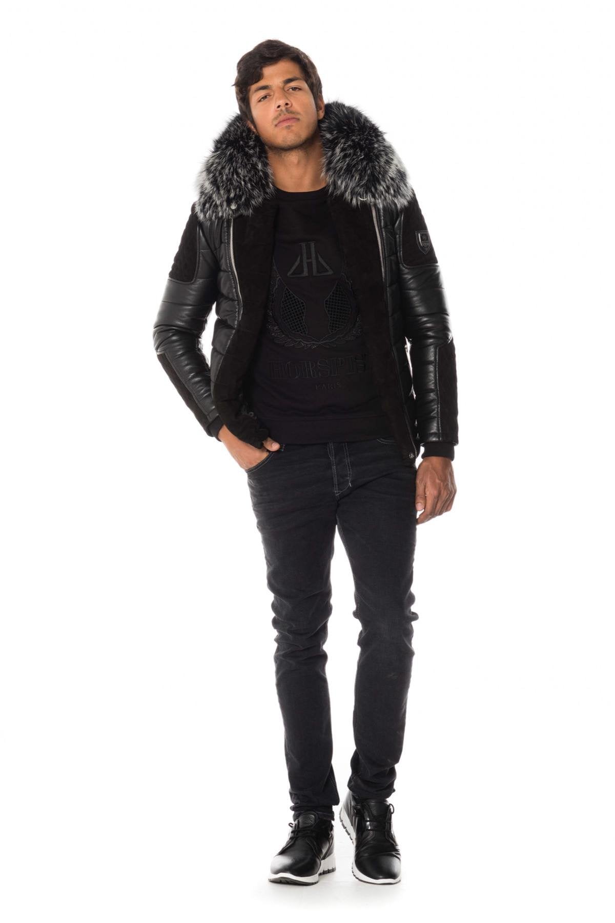 Men's black leather and suede down jacket - Image n°2