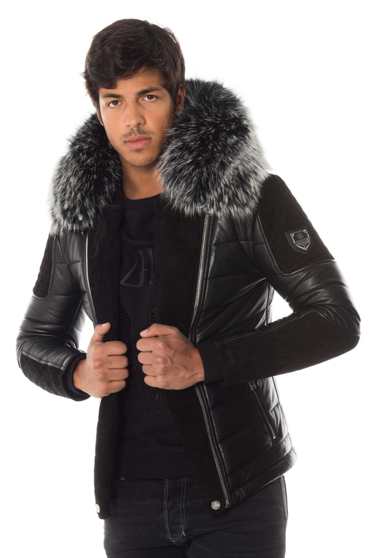 Men's black leather and suede down jacket - Image n°3