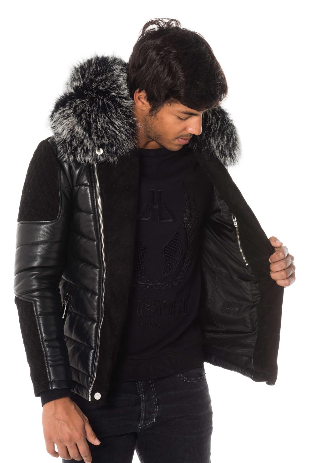 Men's black leather and suede down jacket - Image n°4