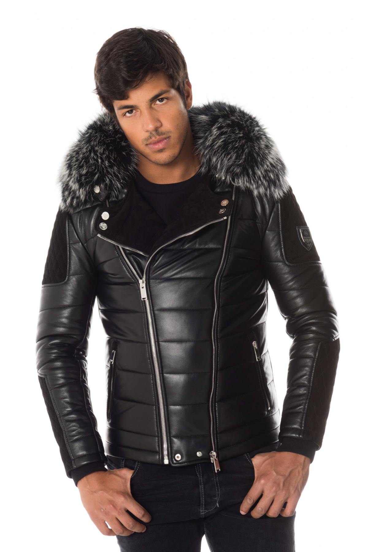 Men's black leather and suede down jacket - Image n°1