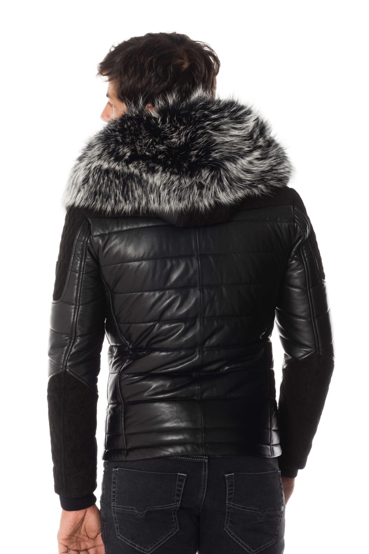 Men's black leather and suede down jacket - Image n°5