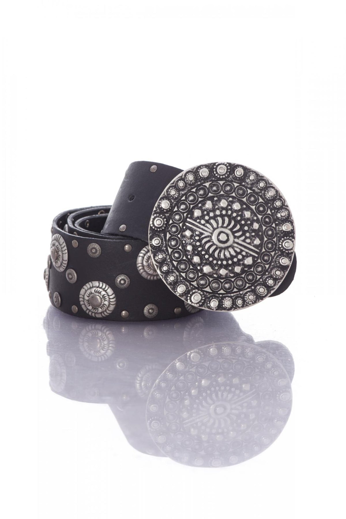 Wide black women's belt with pattern - Image n°1