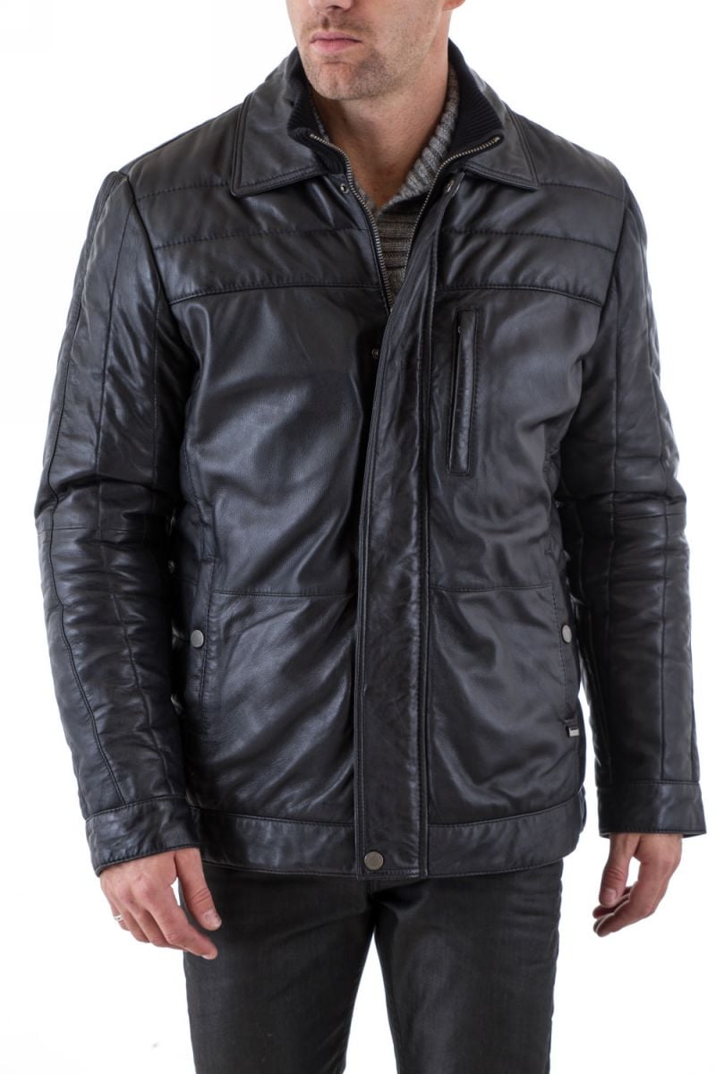 Men's Arma leather down jacket Midnight blue - Image n°1