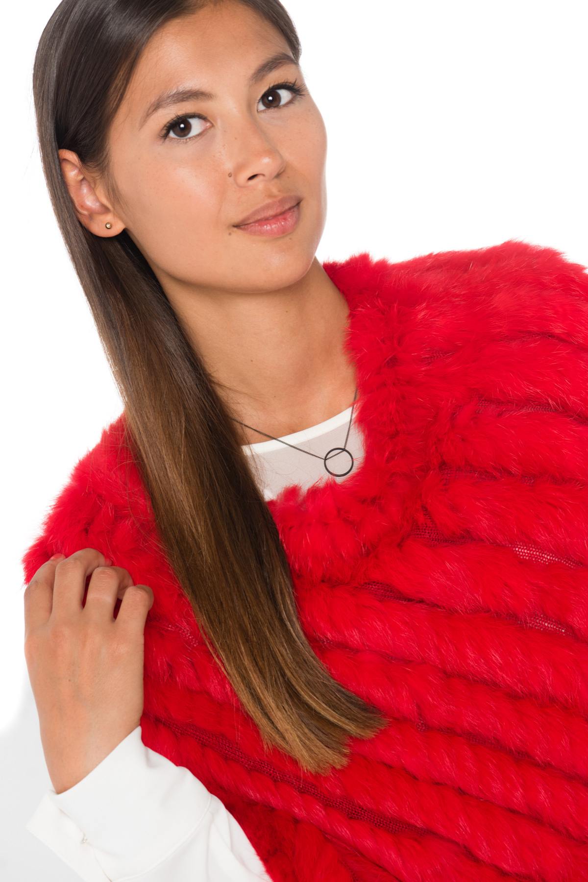 Red braided rabbit fur poncho - Image n°3