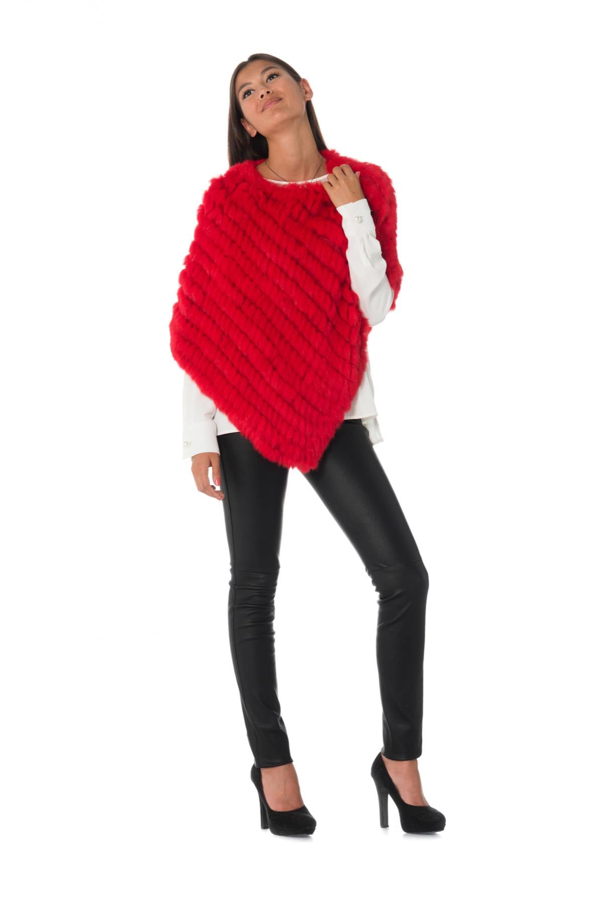 Red braided rabbit fur poncho - Image n°2