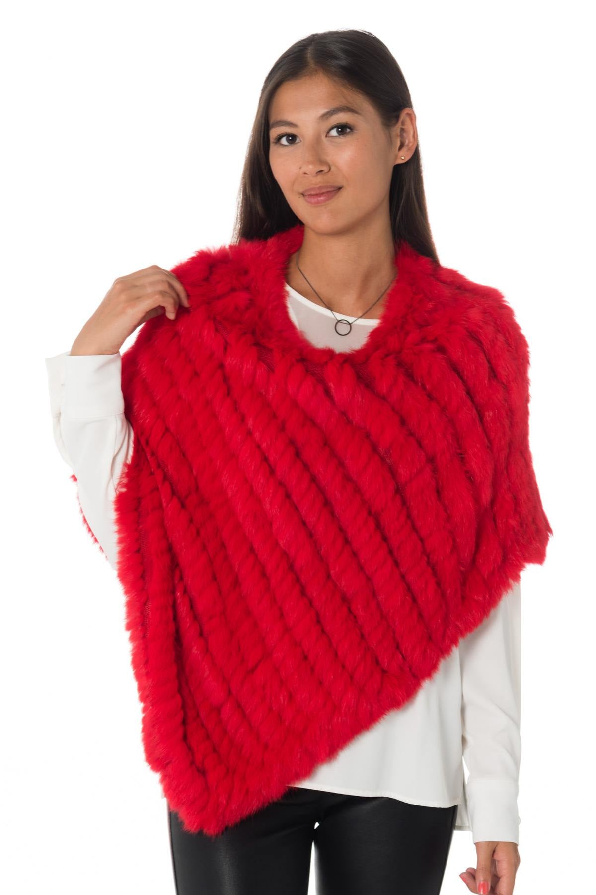 Red braided rabbit fur poncho - Image n°1