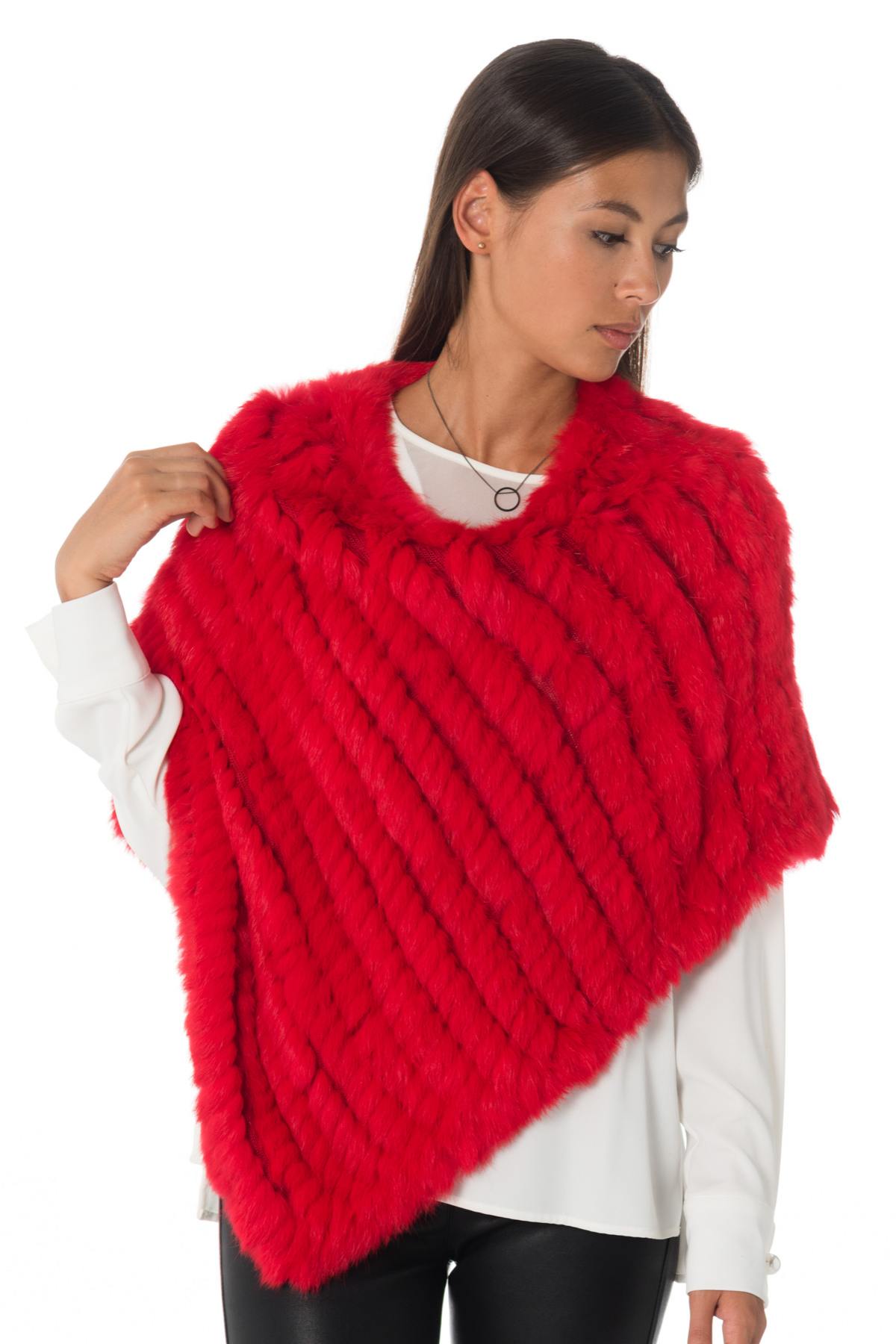 Red braided rabbit fur poncho - Image n°4