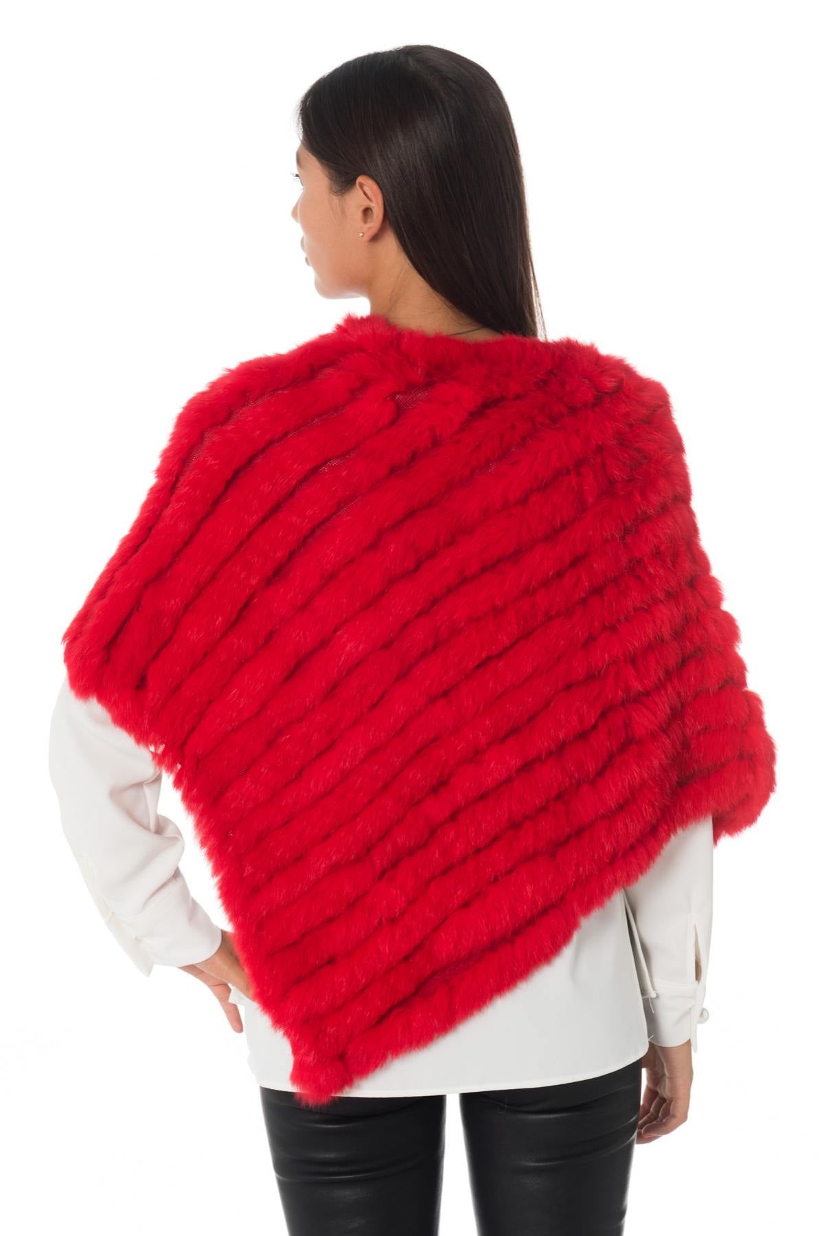 Red braided rabbit fur poncho - Image n°5