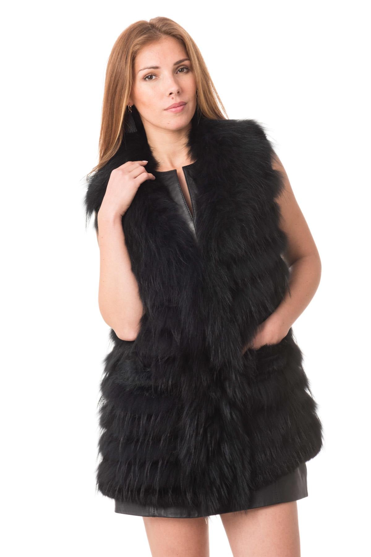 Black rabbit and raccoon fur vest - Image n°4