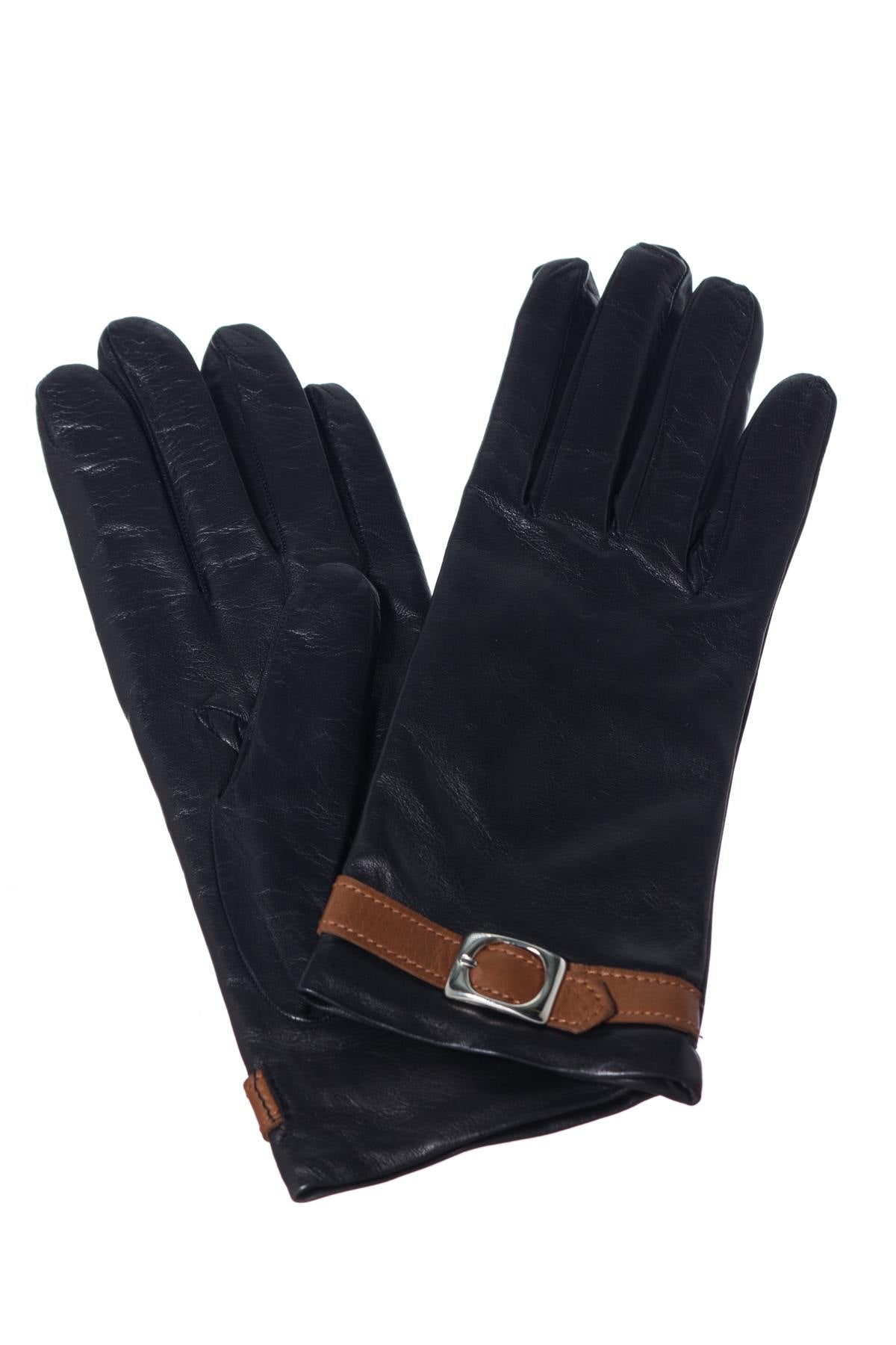 Black leather gloves with cognac strap - Image n°1