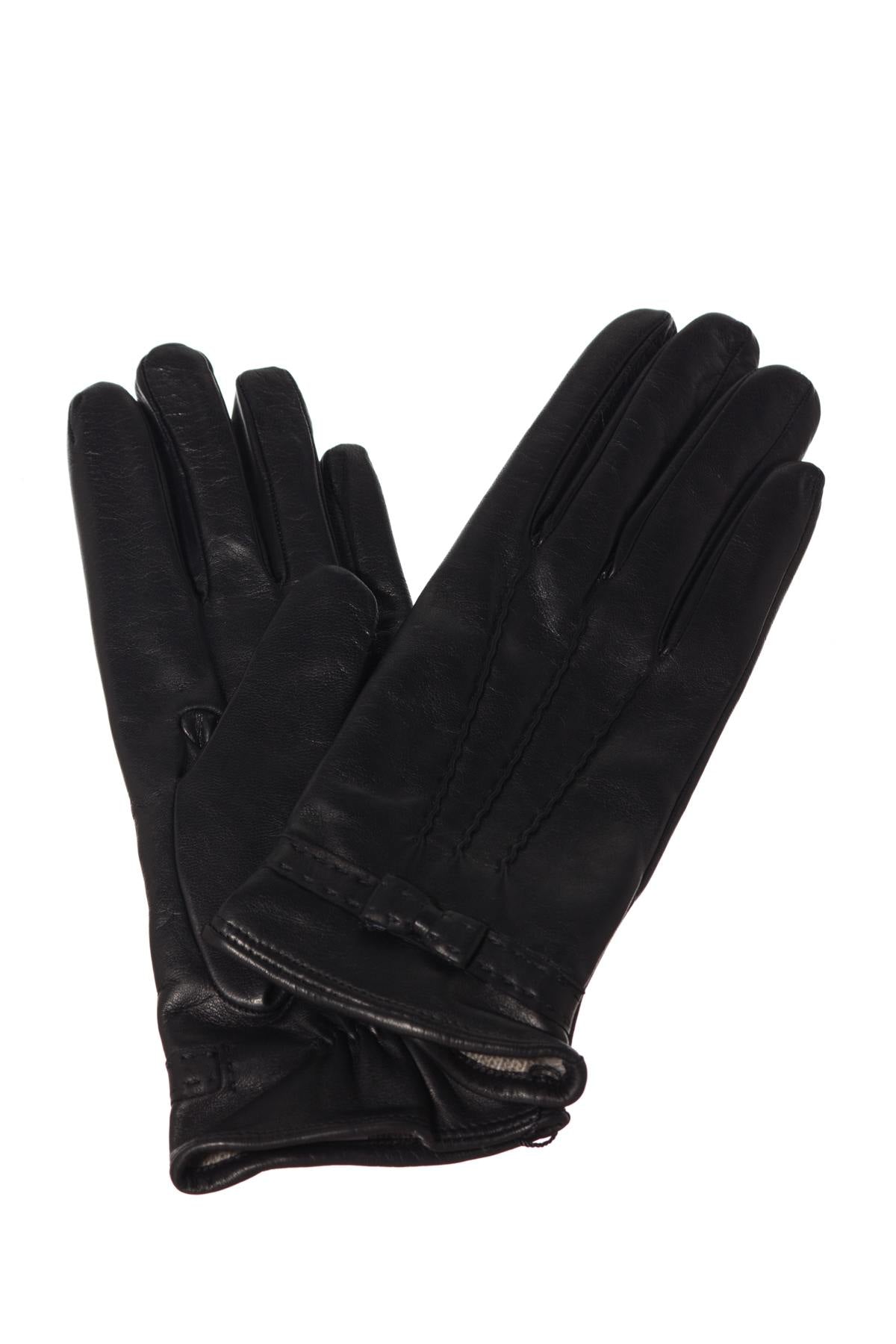 Black sheepskin leather gloves with bow - Image n°1