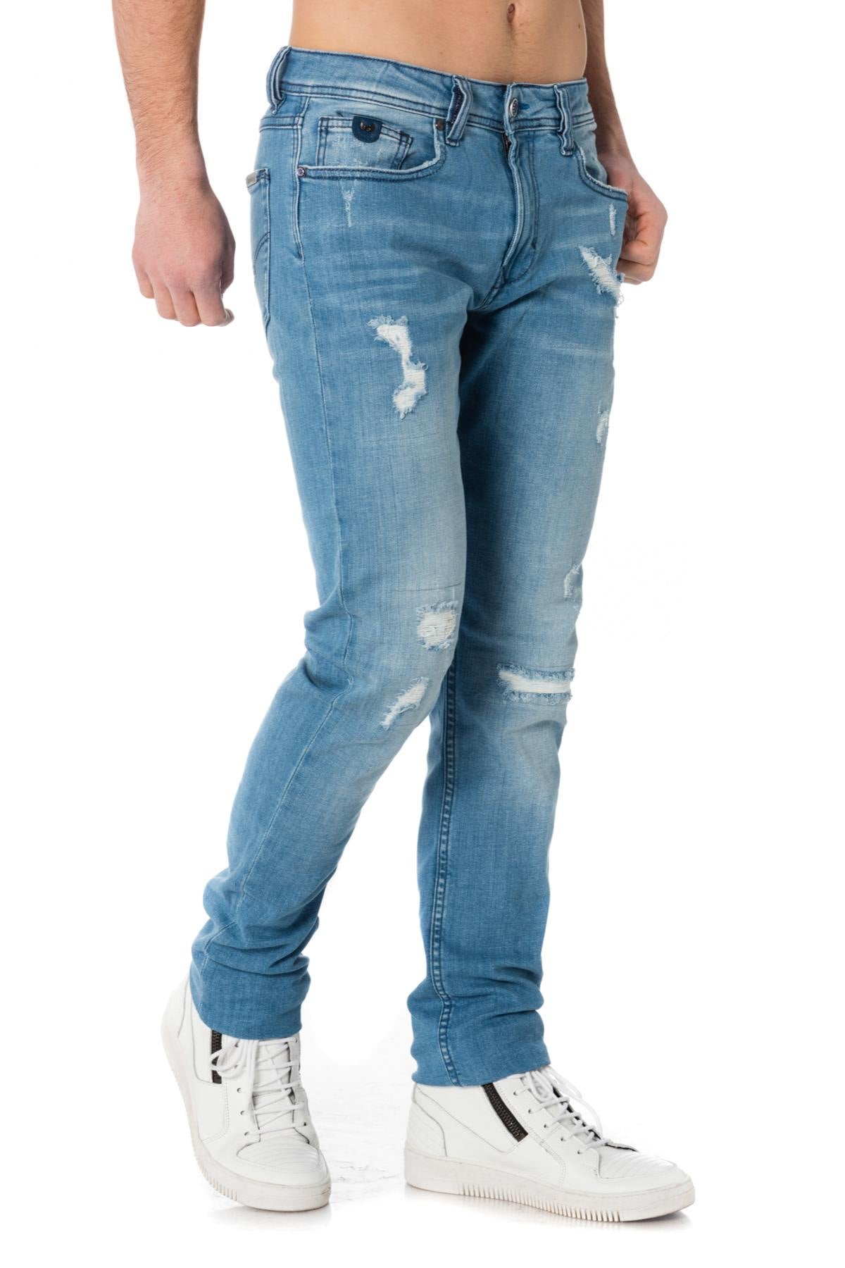 Men's light blue jeans with worn and torn effect - Image n°4