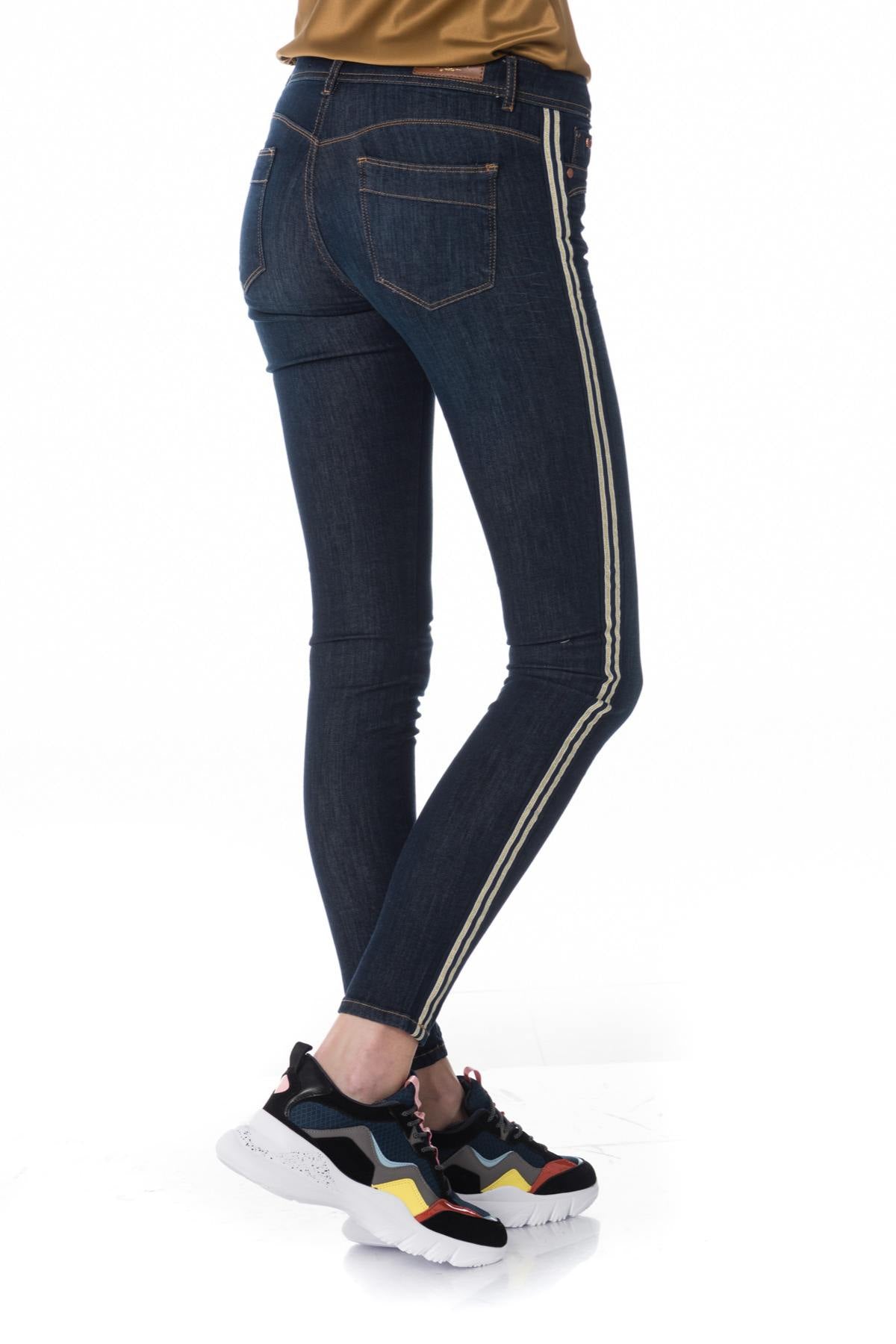 Dark blue skinny jeans with beige stripes - Image n°2