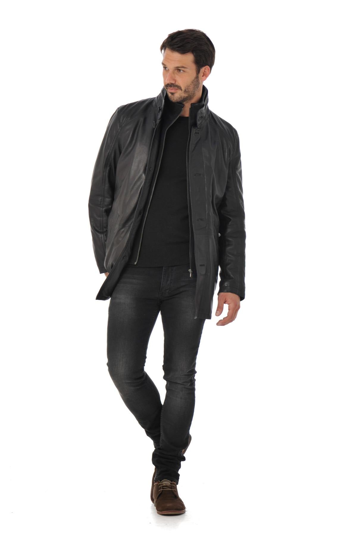 Daytona Men's Long Lambskin Leather Coat Black - Image n°2