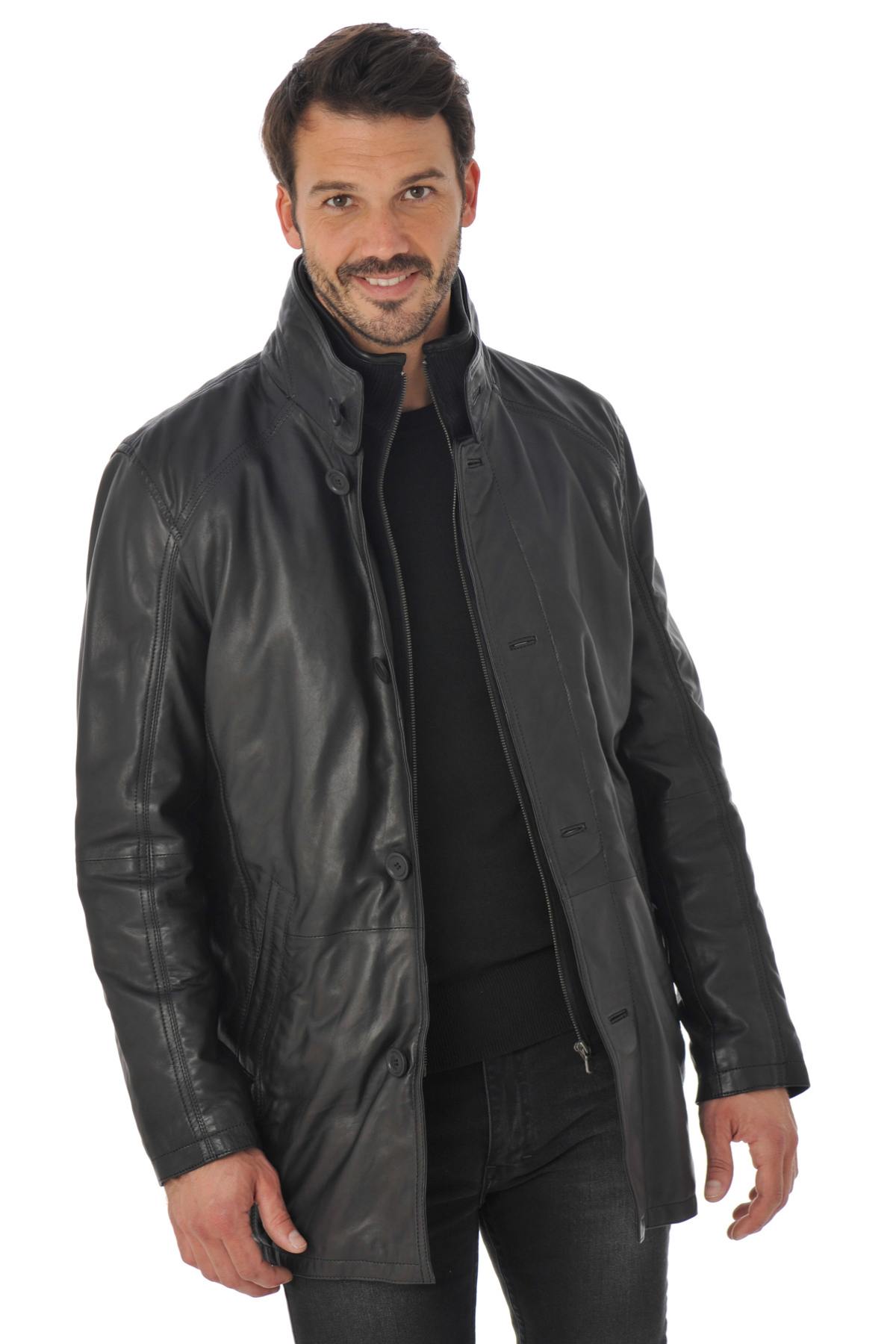 Daytona Men's Long Lambskin Leather Coat Black - Image n°3