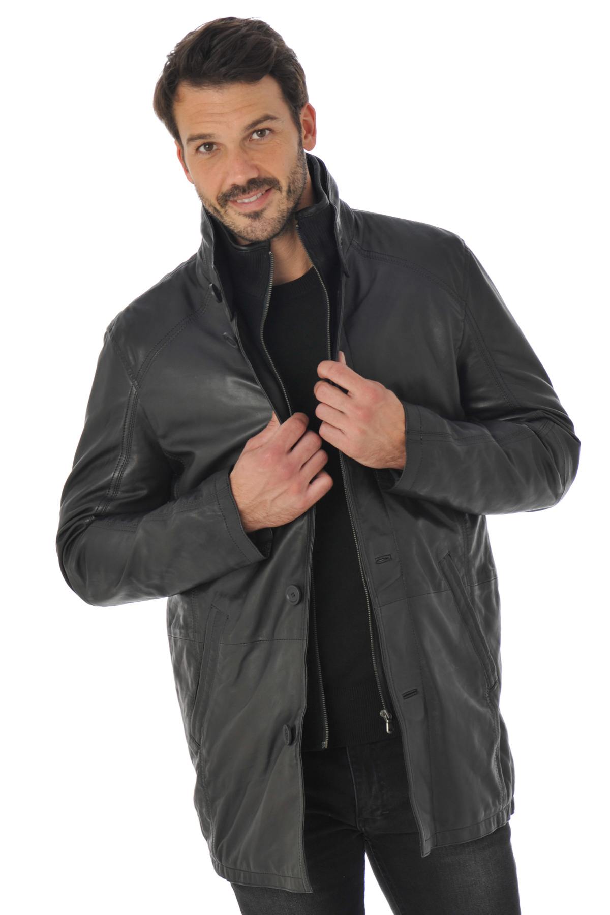 Daytona Men's Long Lambskin Leather Coat Black - Image n°5