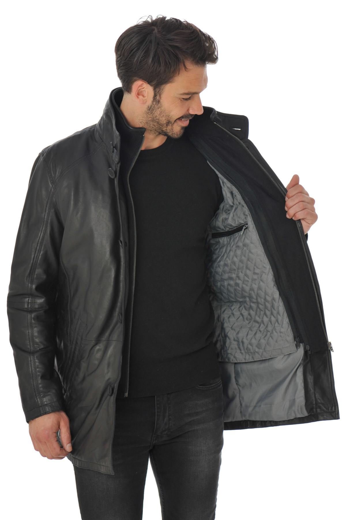 Daytona Men's Long Lambskin Leather Coat Black - Image n°6