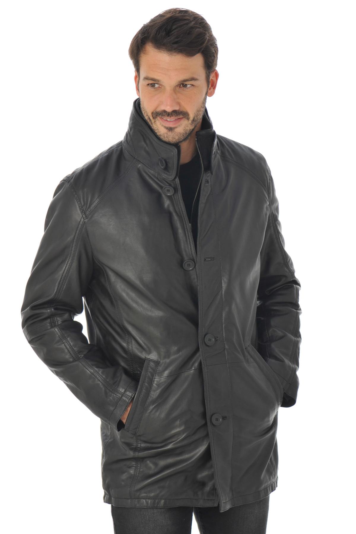 Daytona Men's Long Lambskin Leather Coat Black - Image n°1