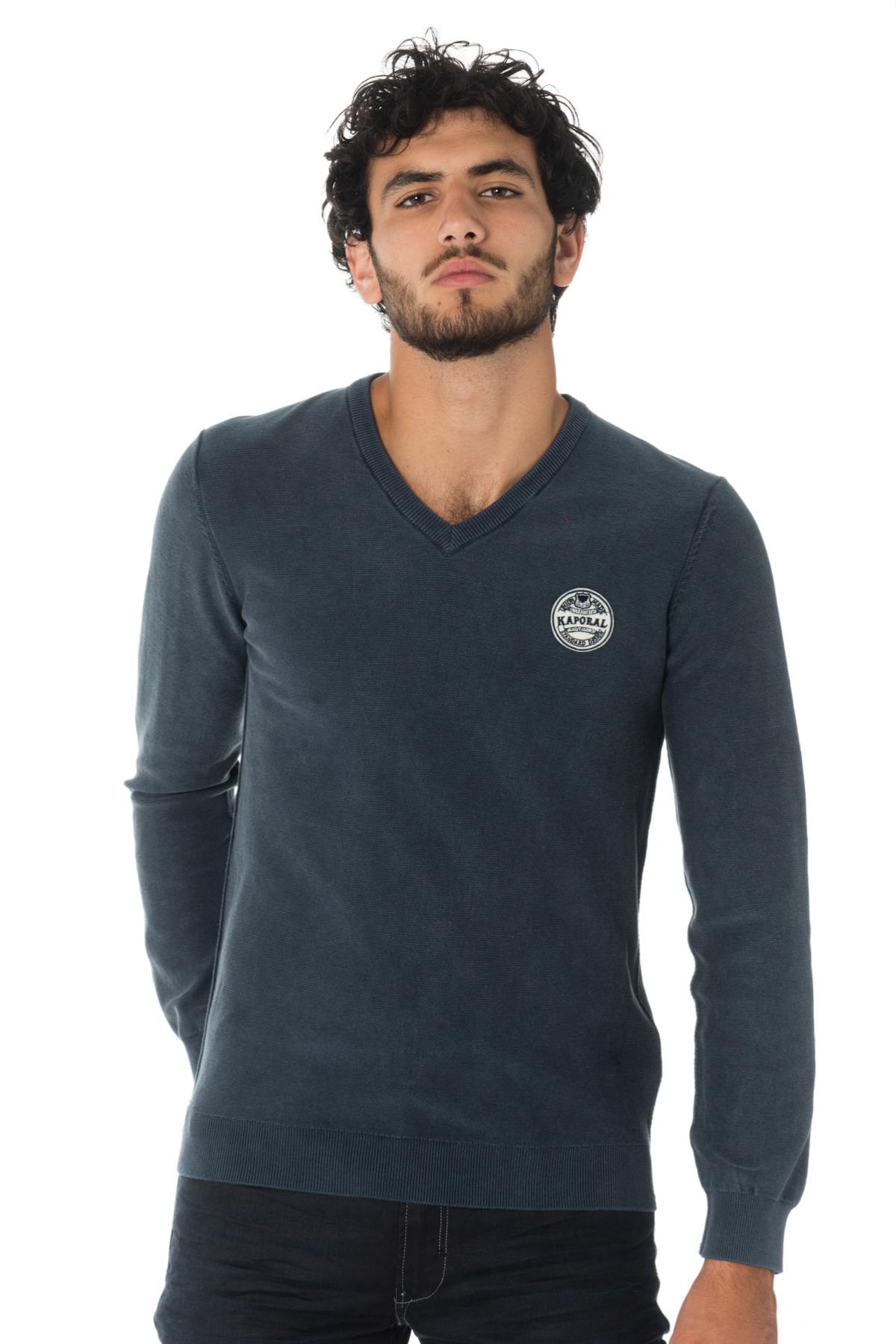 Navy blue Kaporal V-neck sweater with aged effect - Image n°1