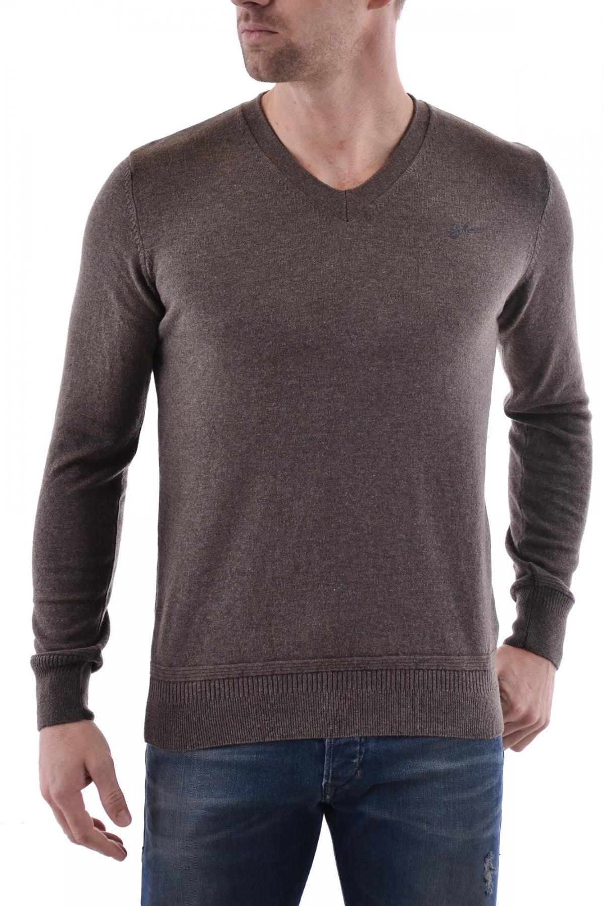 Schott V-neck sweater in taupe wool and cotton - Image n°1