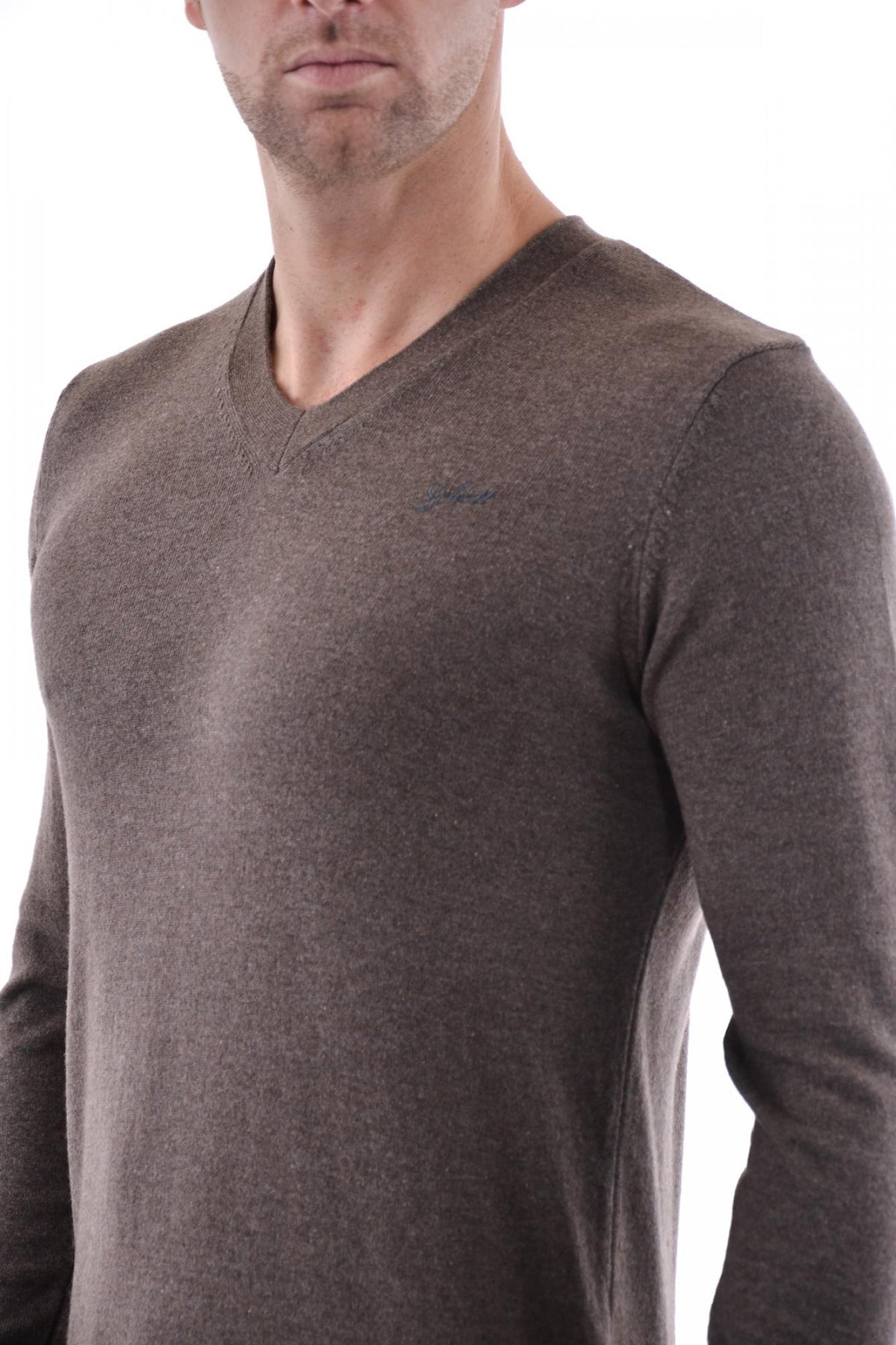 Schott V-neck sweater in taupe wool and cotton - Image n°2