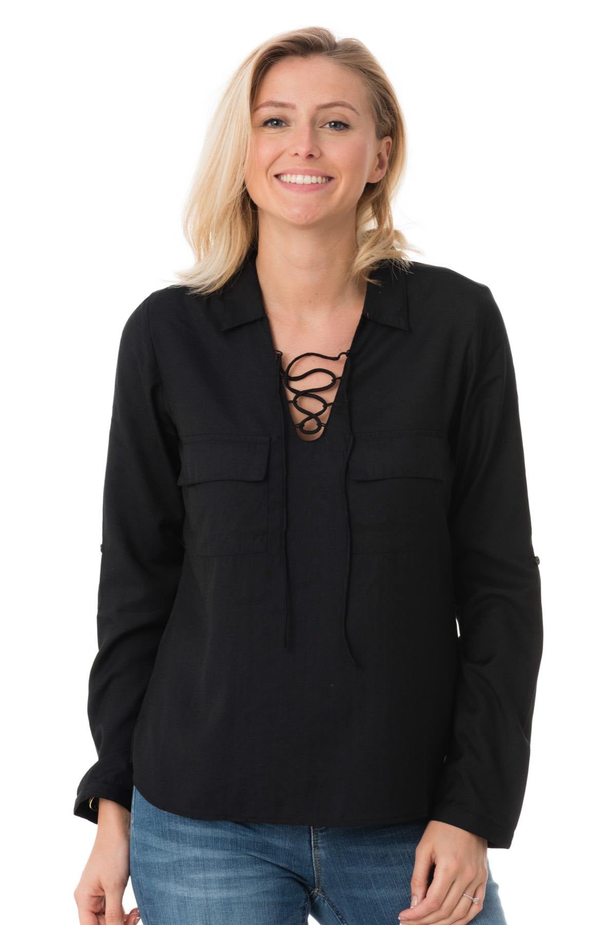 Black braided V-neck blouse - Image n°1