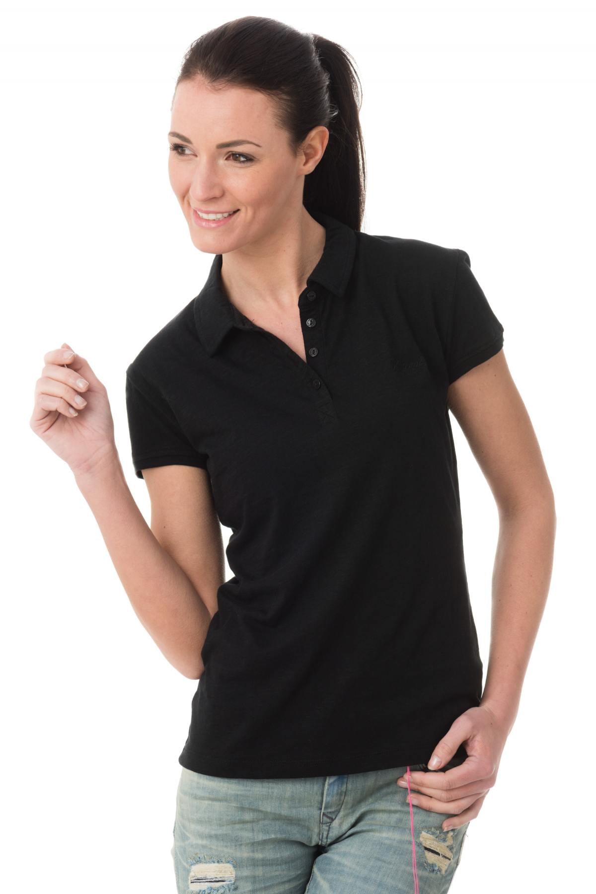 Black polo shirt with open embroidery on the back - Image n°1