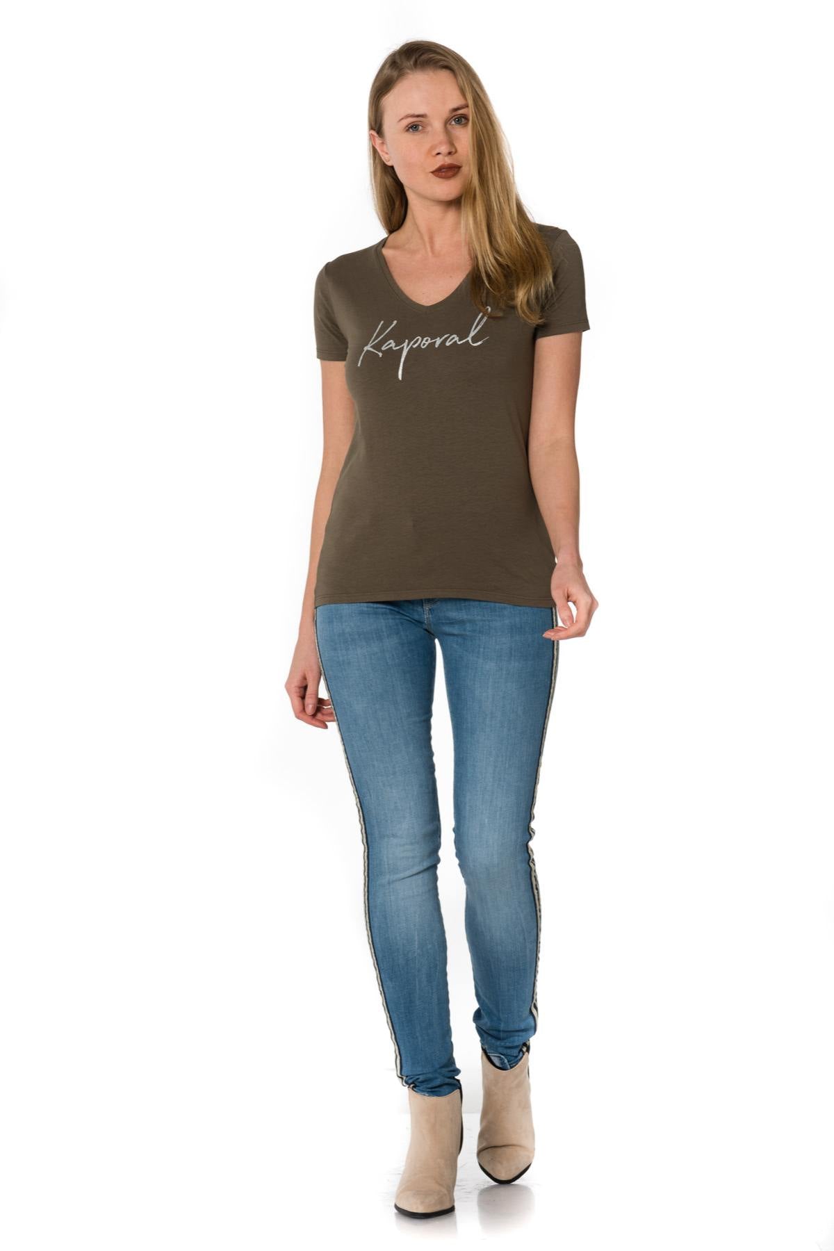 Women's khaki v-neck t-shirt - Image n°2