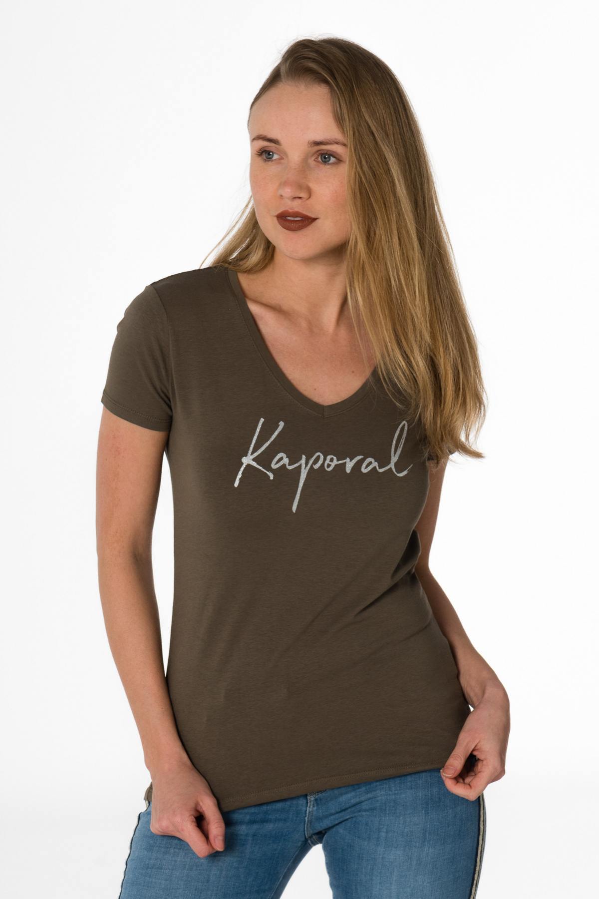 Women's khaki v-neck t-shirt - Image n°1