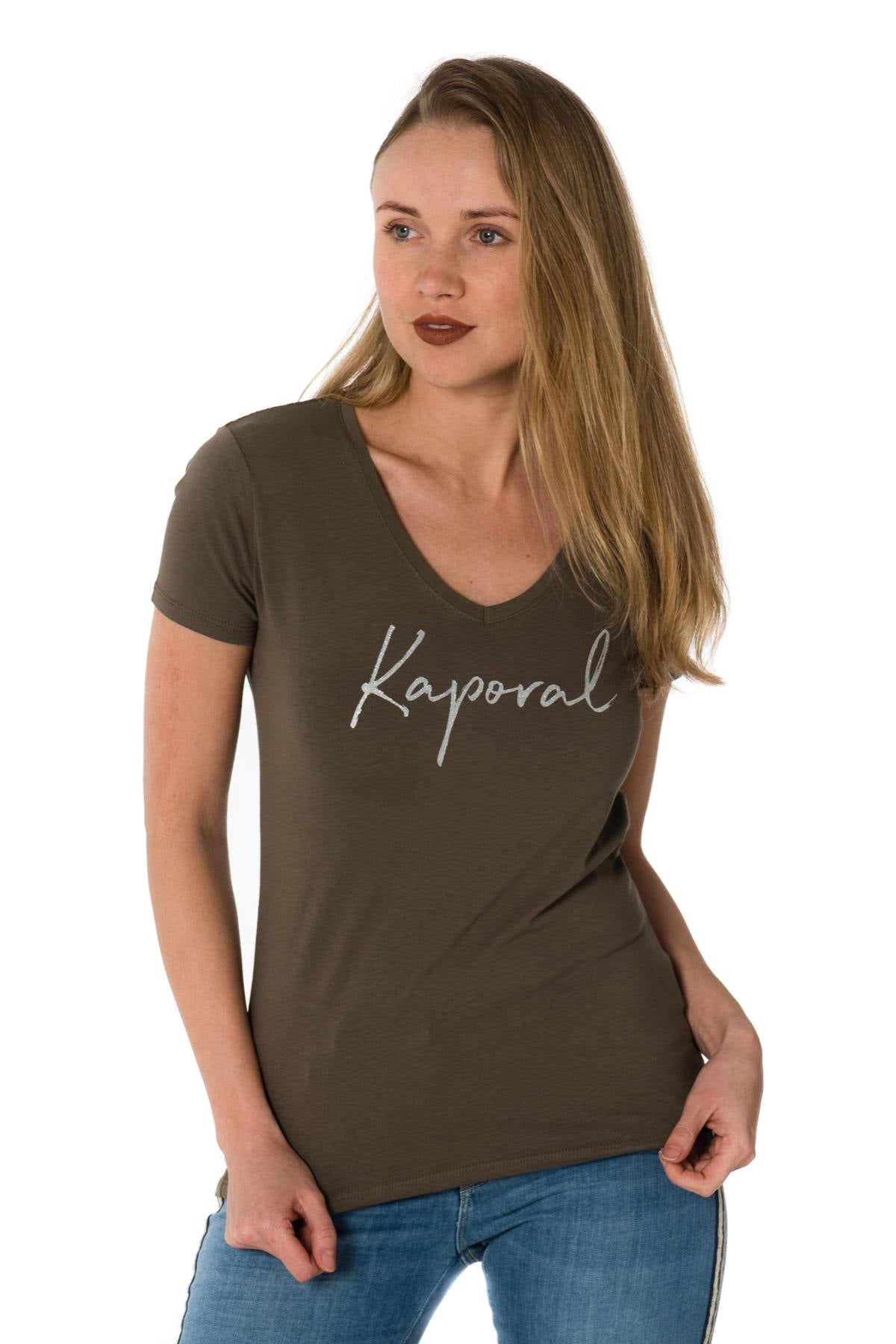 Women's khaki v-neck t-shirt - Image n°5