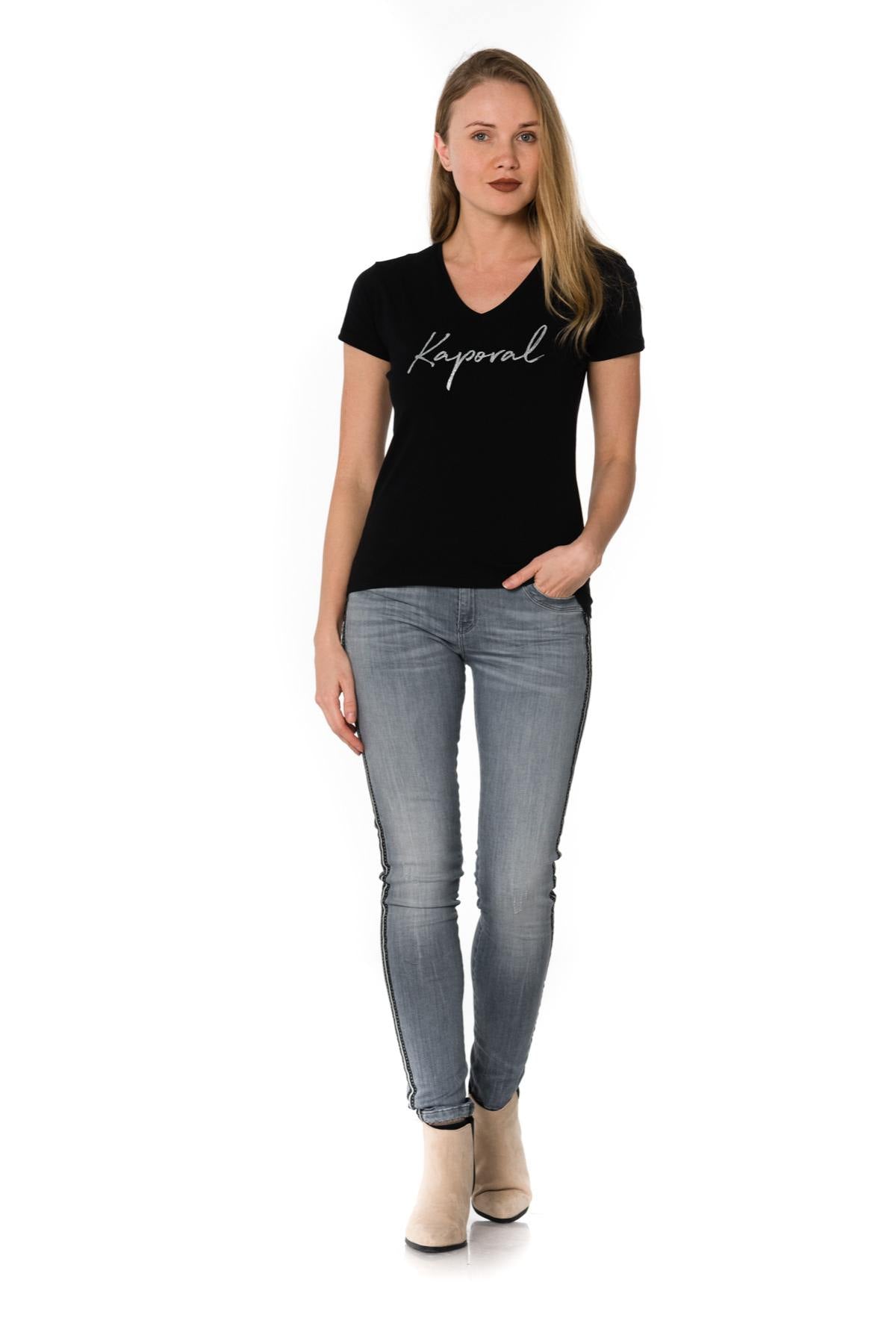 Women's black V-neck t-shirt - Image n°2