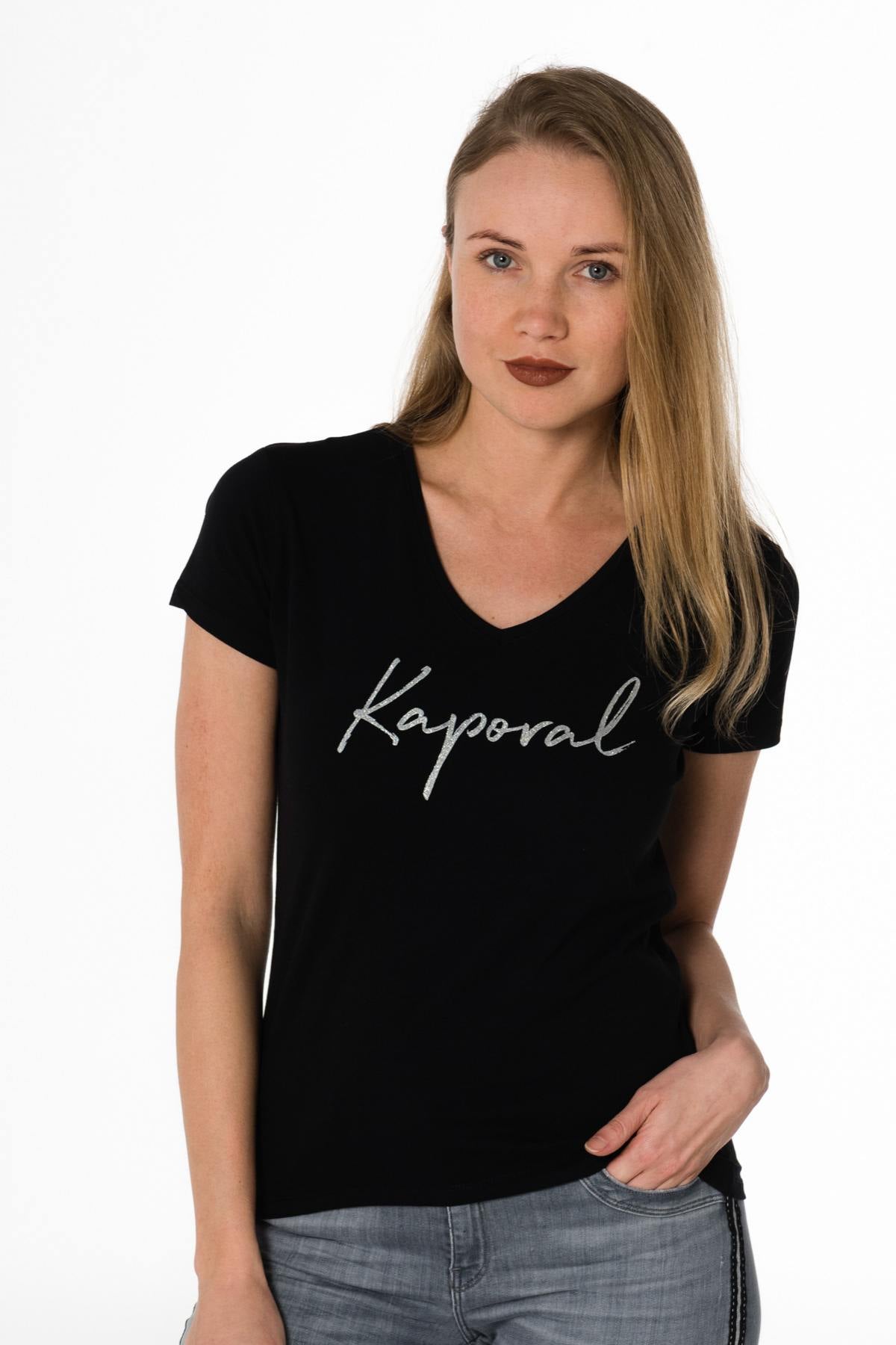 Women's black V-neck t-shirt - Image n°1