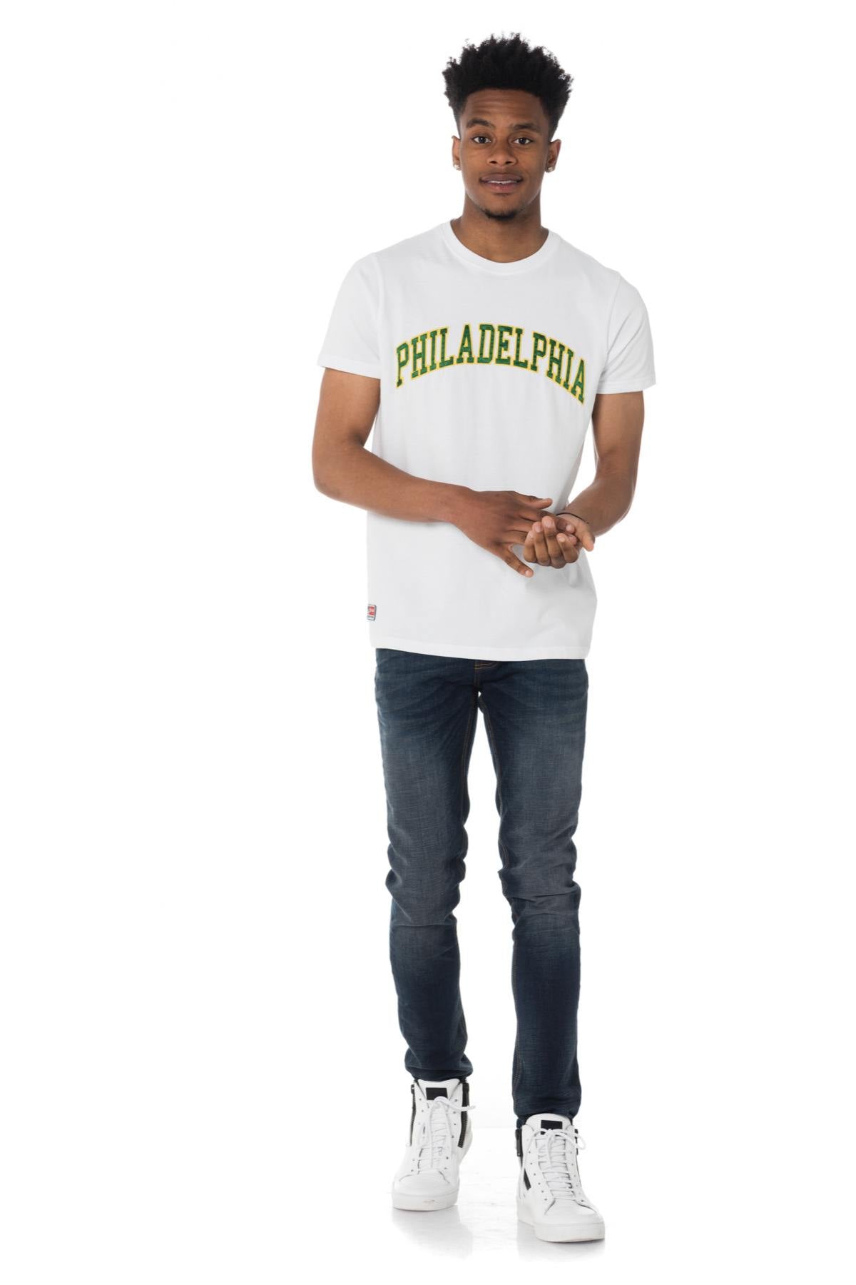 White Schott t-shirt with green and yellow Philadelphia logo - Image n°2