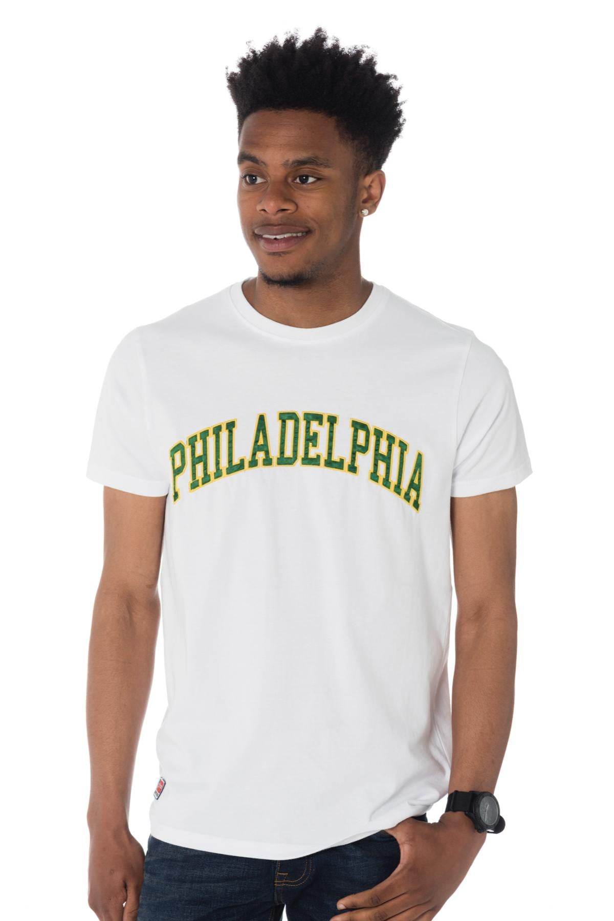 White Schott t-shirt with green and yellow Philadelphia logo - Image n°1