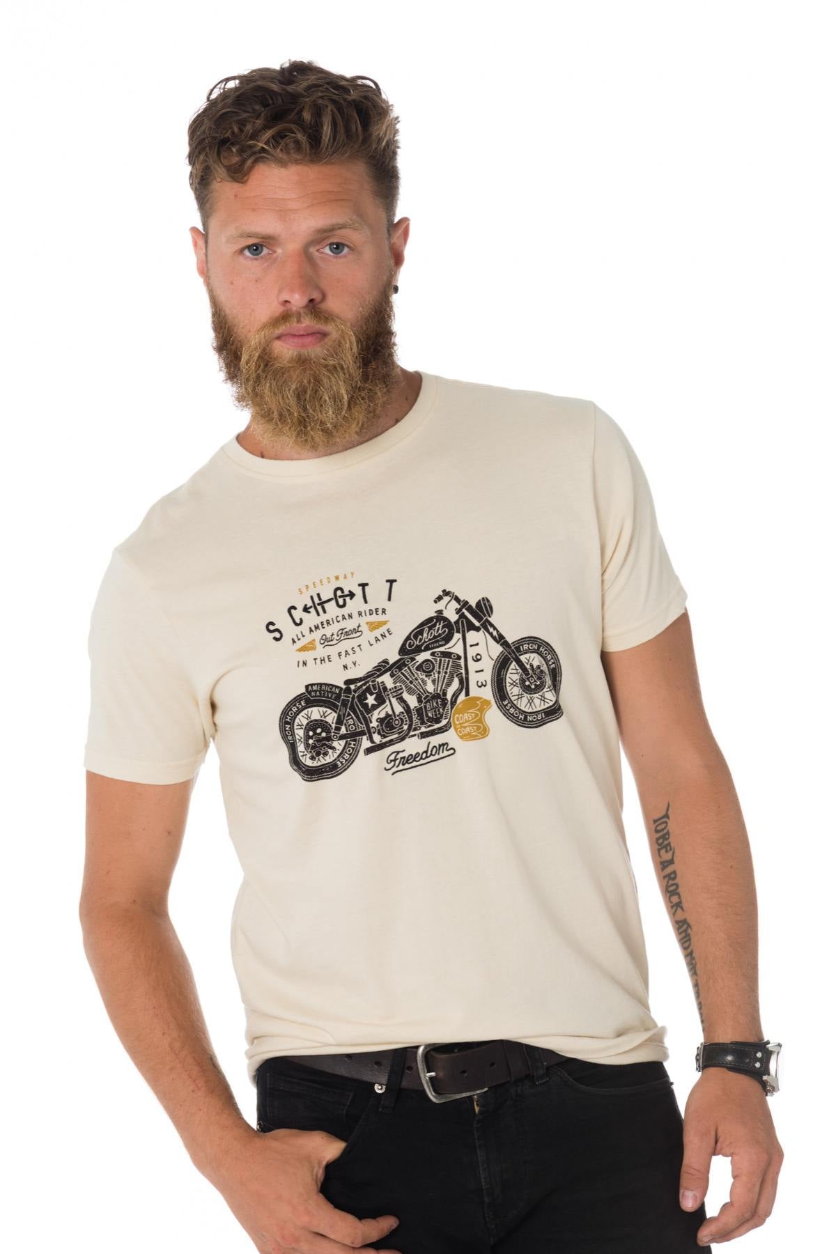 Schott ecru T-shirt with motorcycle print - Image n°1