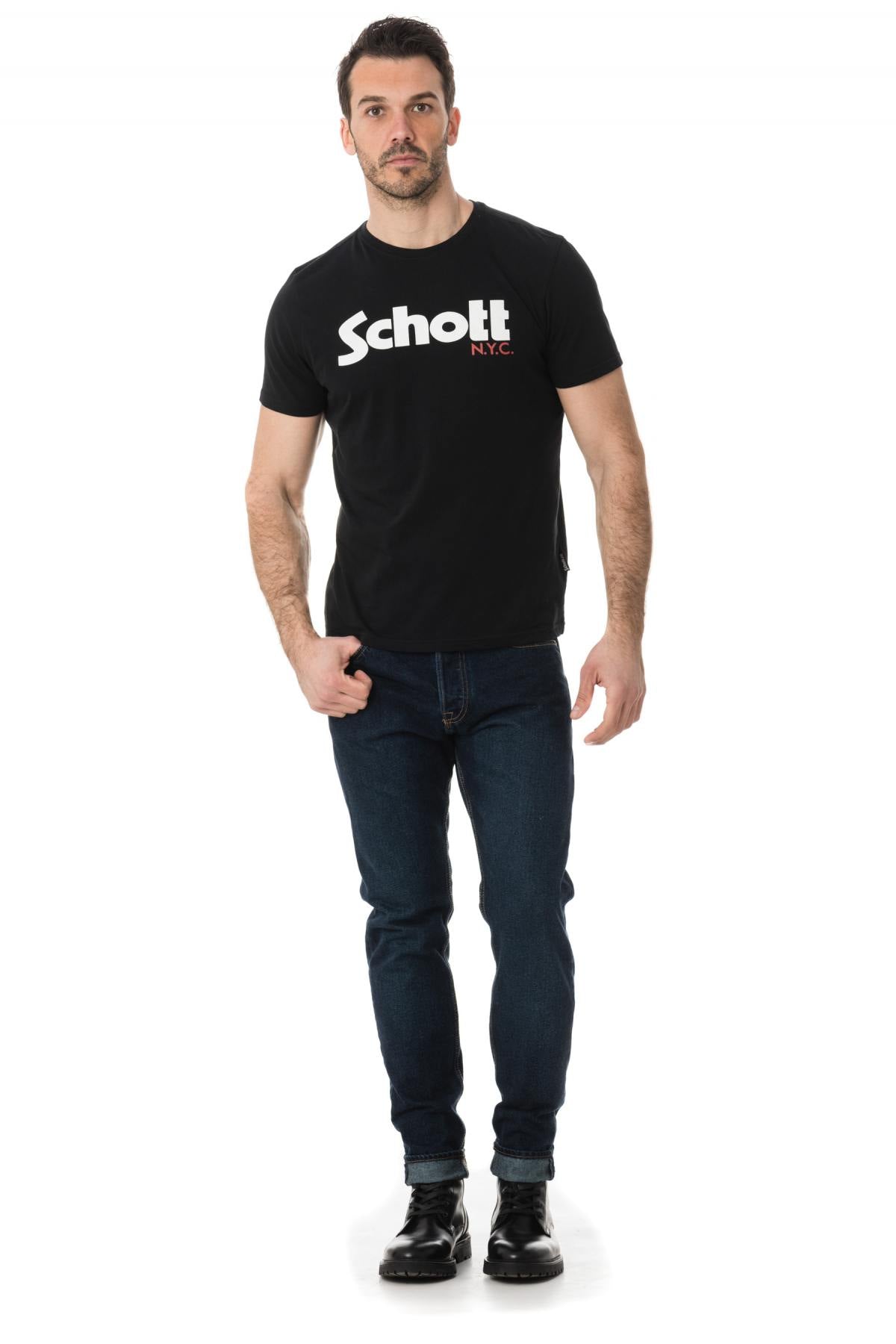 Plain black Schott t-shirt with white logo - Image n°2