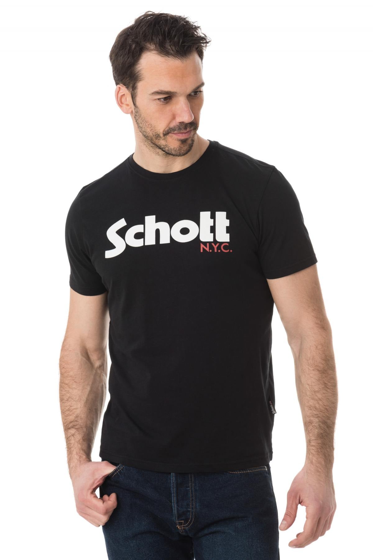 Plain black Schott t-shirt with white logo - Image n°1