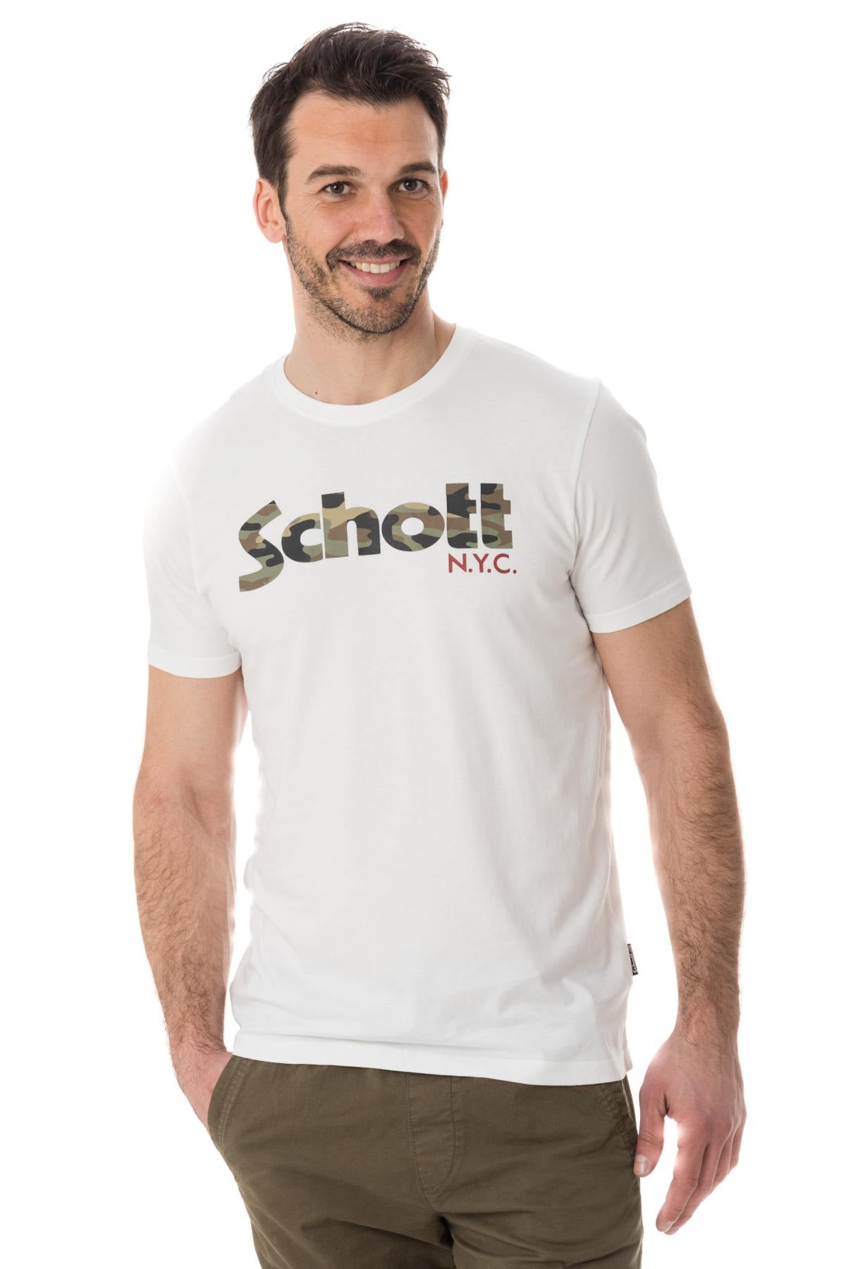 Plain white t-shirt with camouflage Schott logo - Image n°1