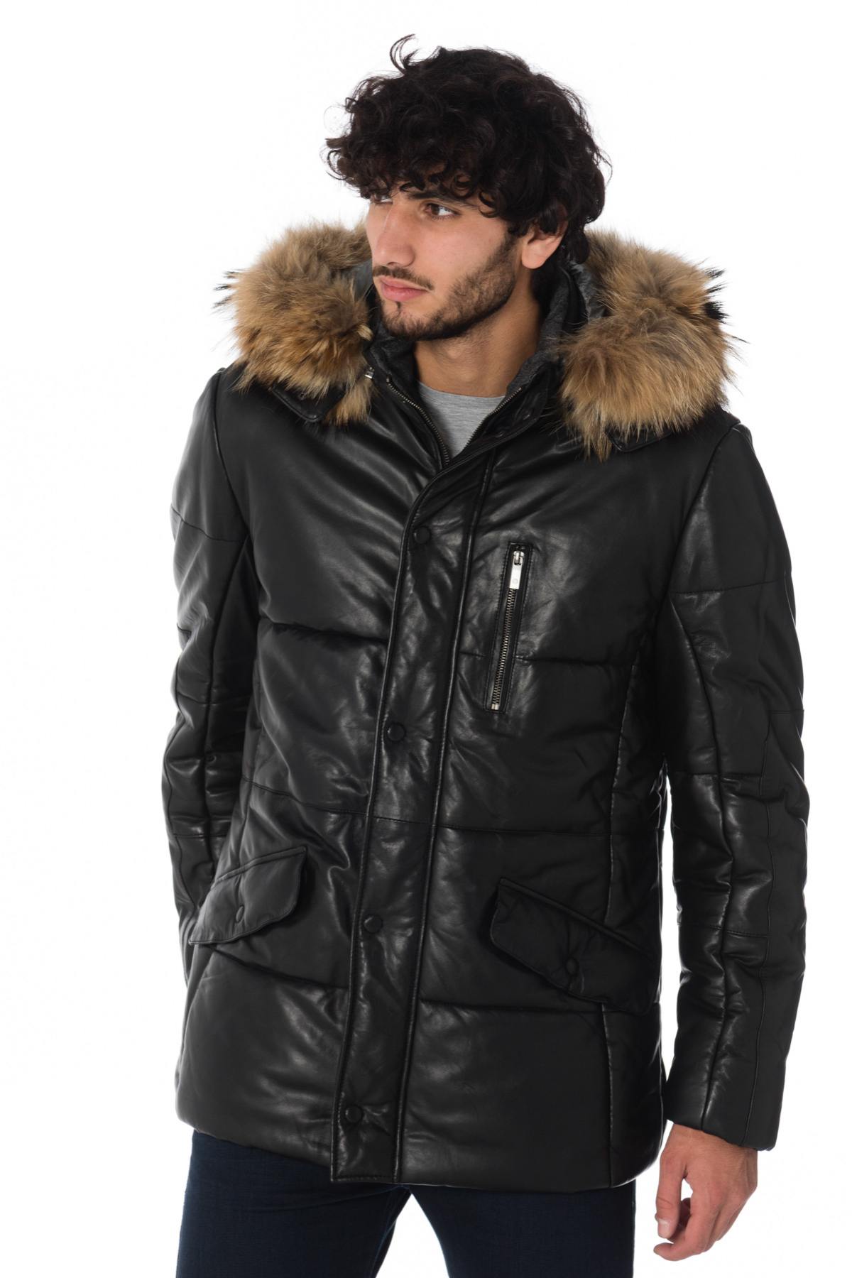 Men's down jacket in lambskin with raccoon fur - Image n°1