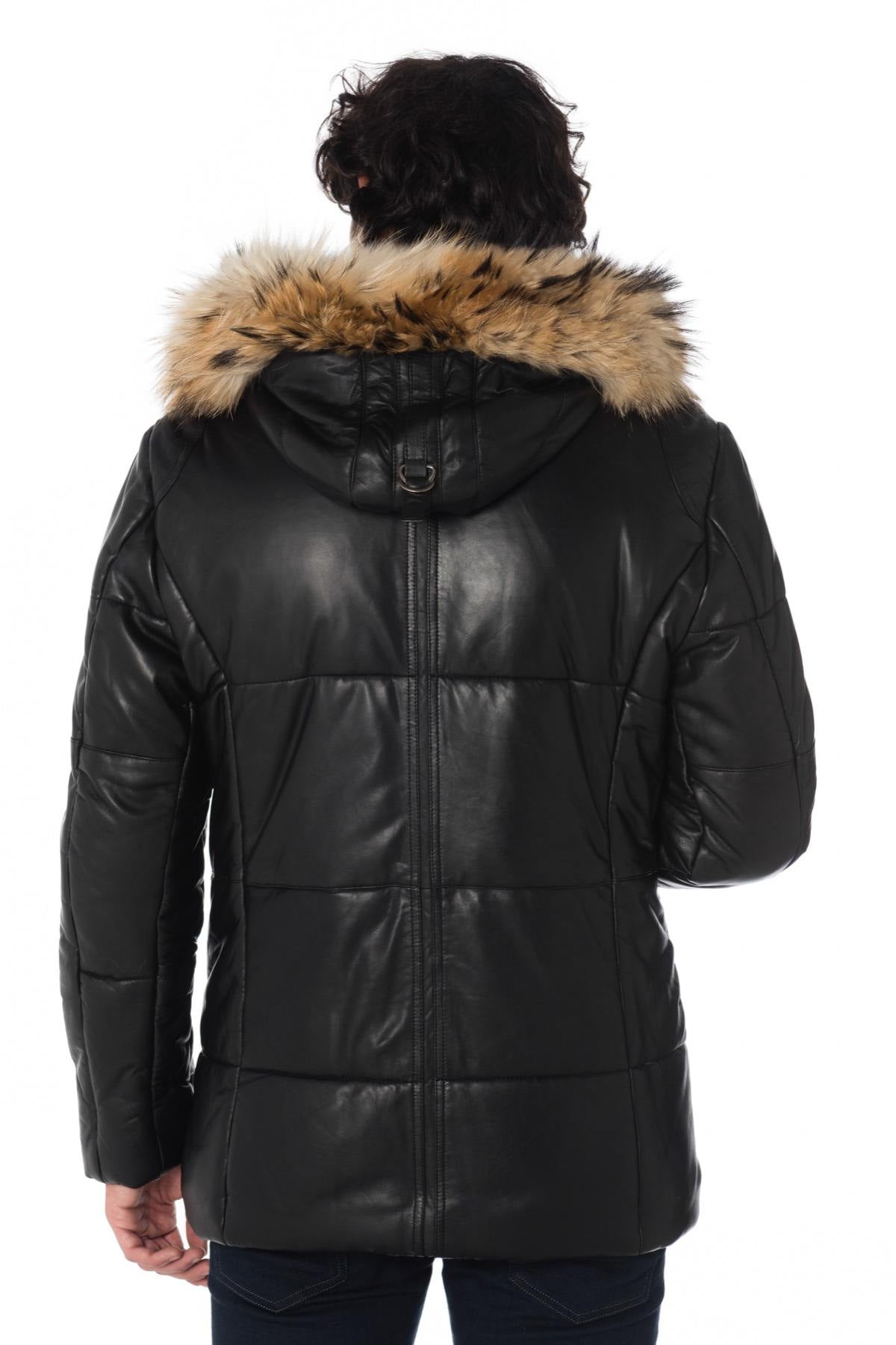 Men's down jacket in lambskin with raccoon fur - Image n°4