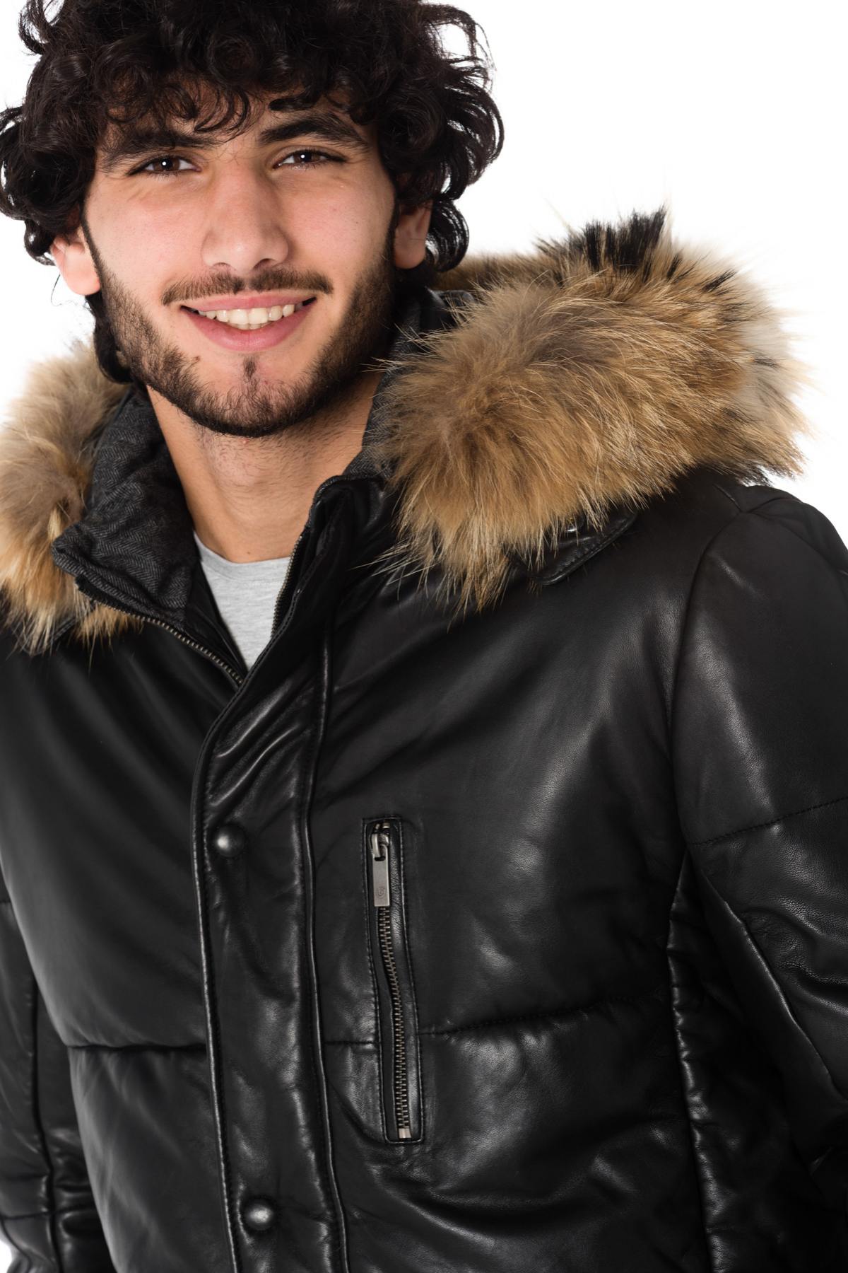 Men's down jacket in lambskin with raccoon fur - Image n°5