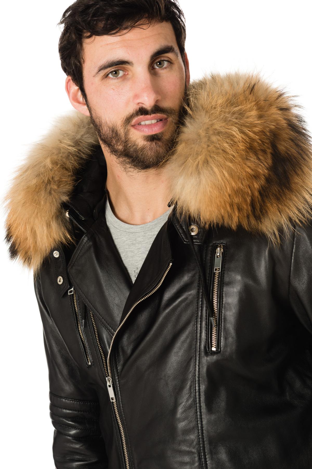 Men's sheepskin leather coat with fur collar - Image n°7